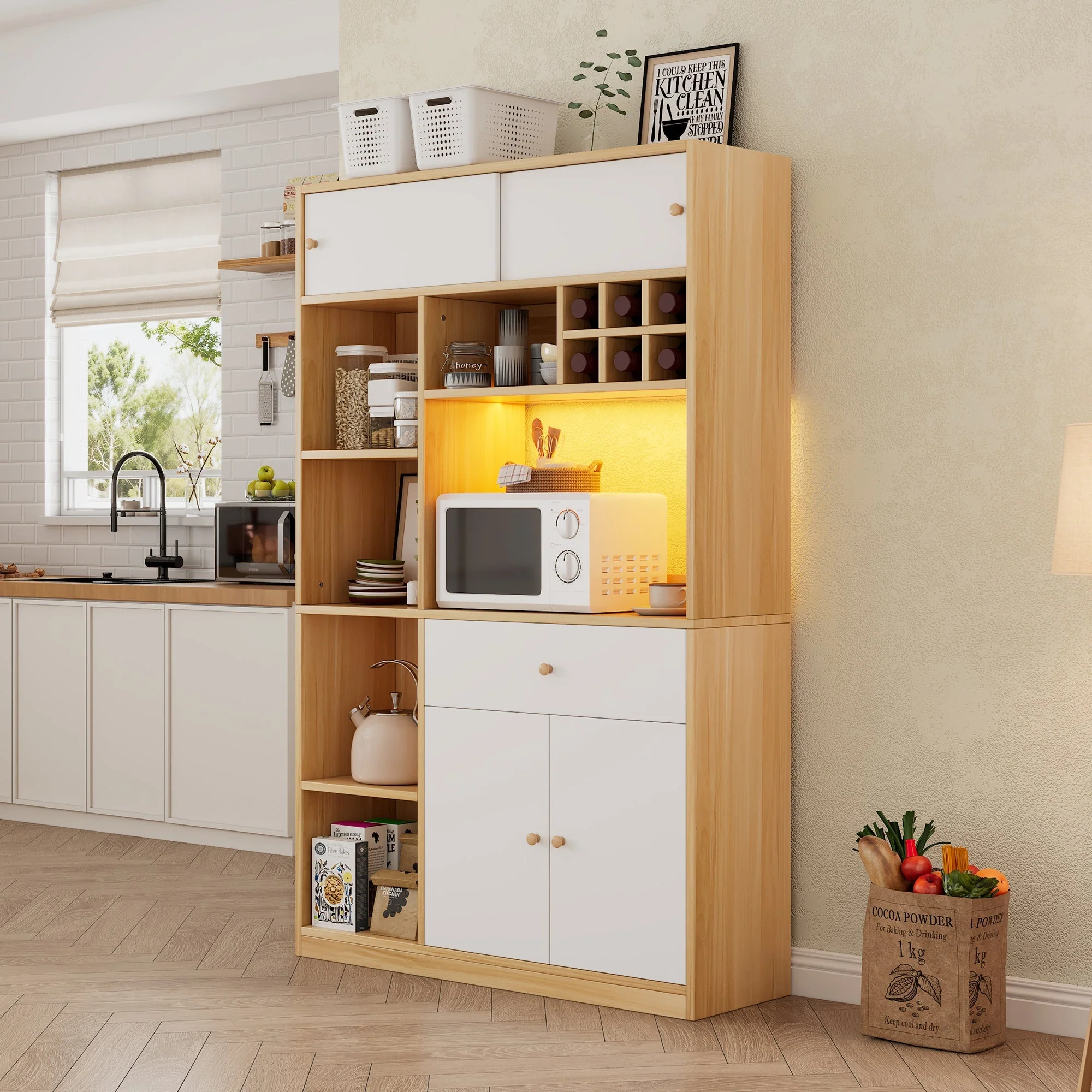 Kitchen Buffet Cabinet LED 1 Drawer 3 Doors Shelves 115x180cm - Image 9