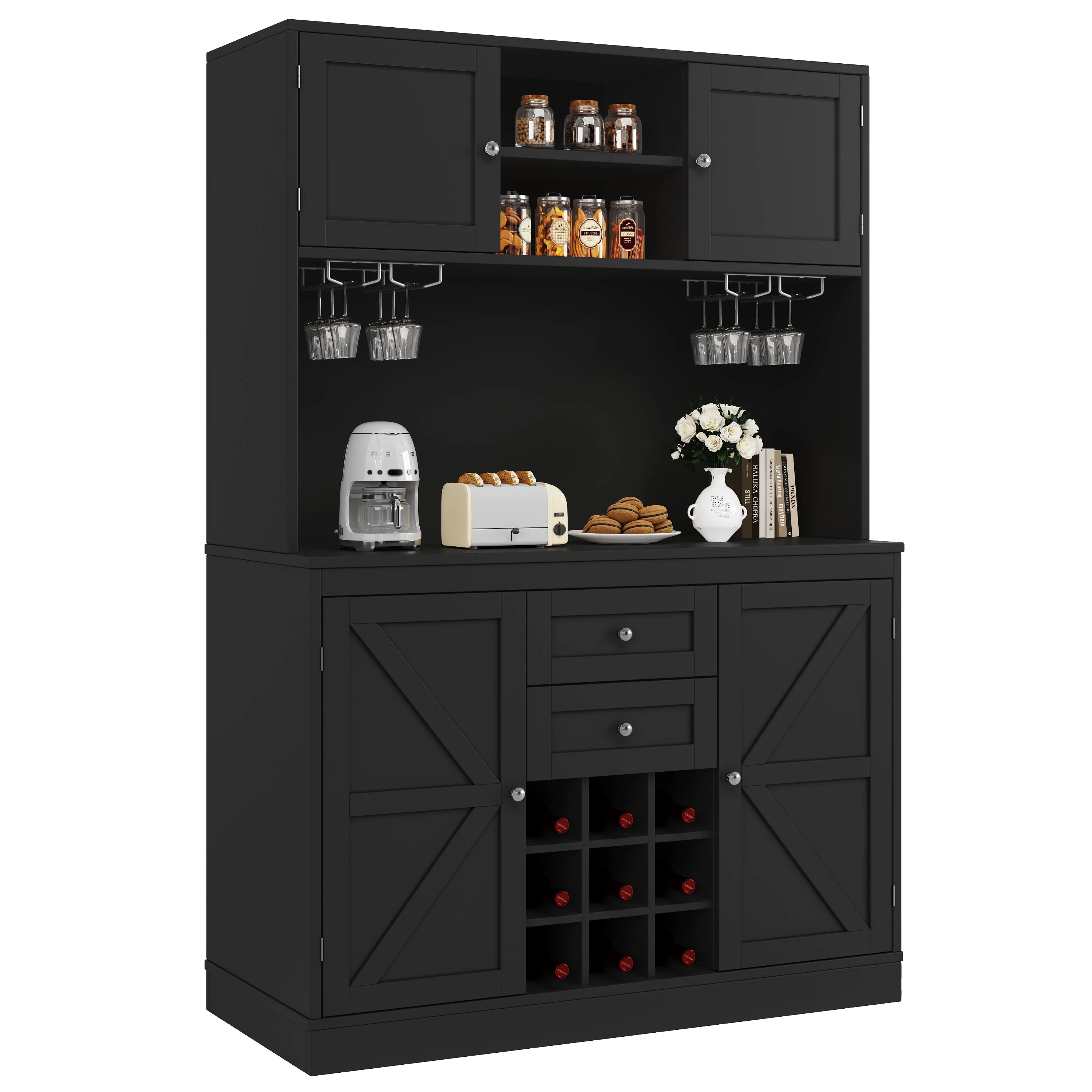 Kitchen Buffet Cabinet with 4 Doors and 2 Drawers, Adjustable Shelves and Wine Rack, Black - Image 8