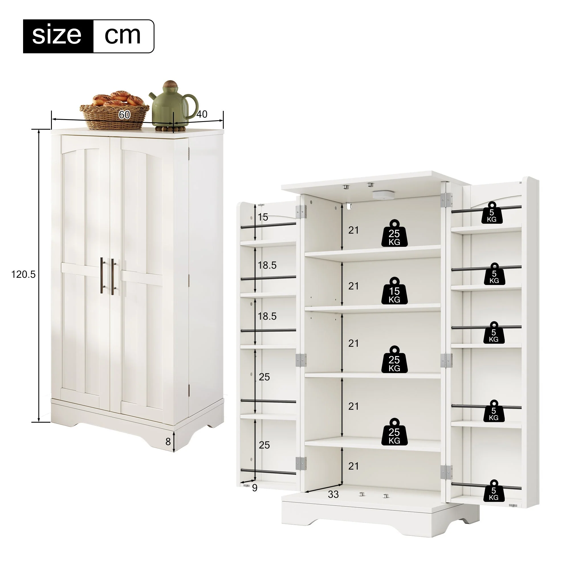 Kitchen Cabinet 120x60x40cm LED Sensor Light 2-Door Adjustable Shelves - White - Image 6