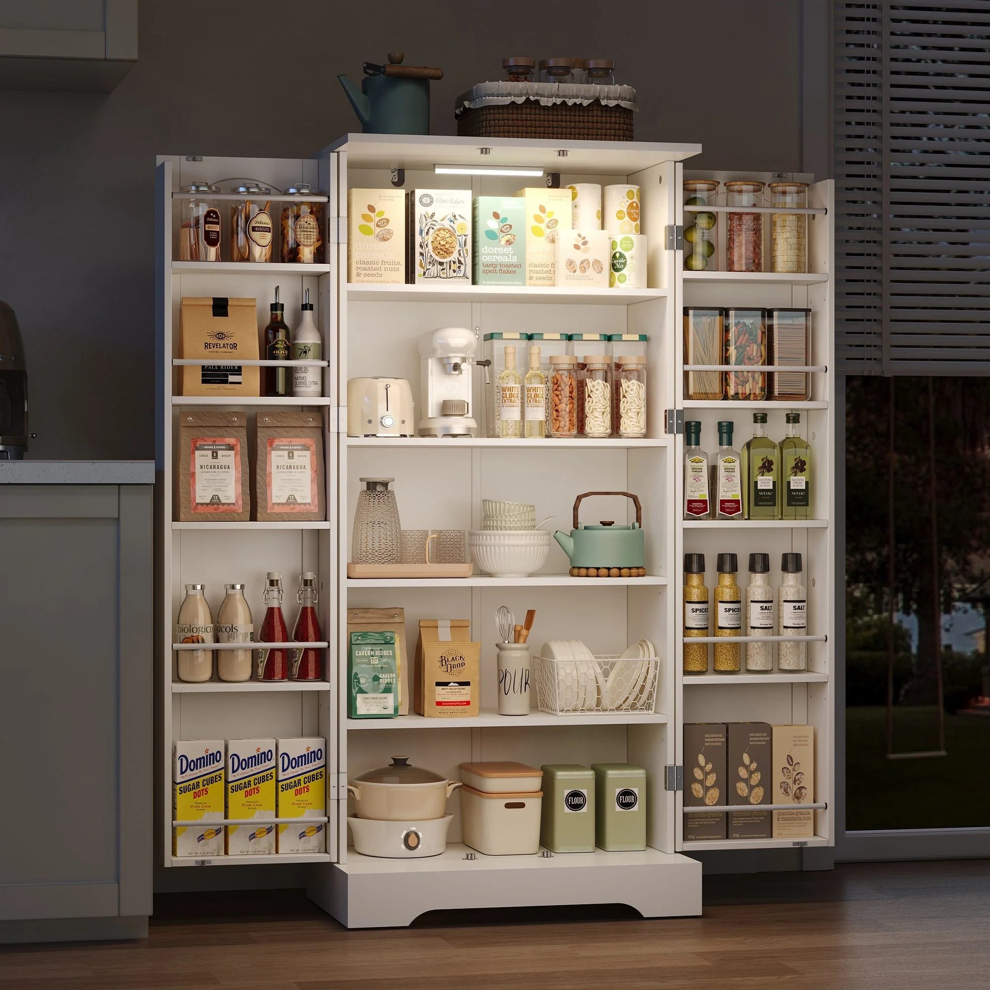 Kitchen Cabinet 60x35x128cm LED Sensor Adjustable Shelves Double Door - White - Image 3