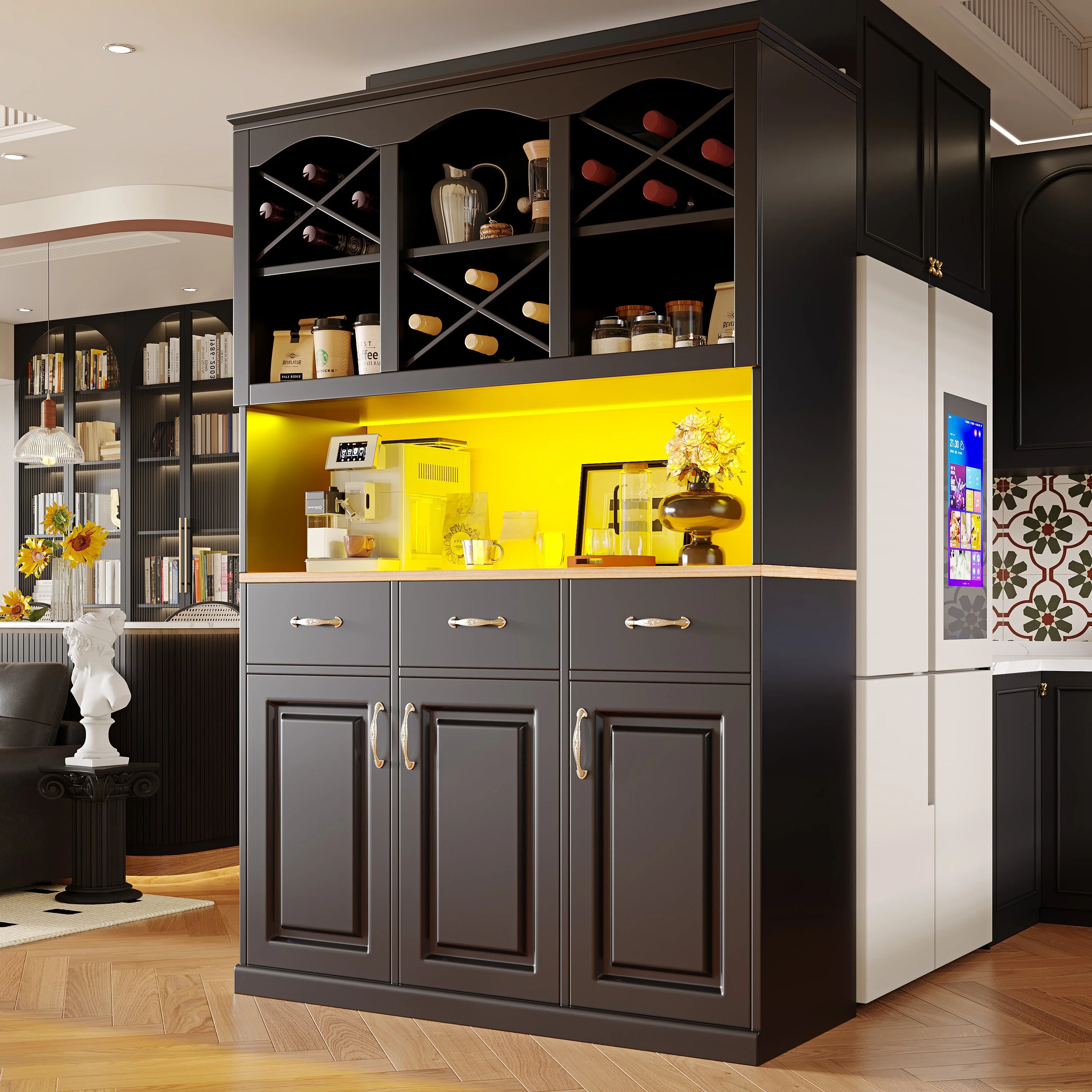 Kitchen Cabinet Tall Buffet 120cm 3 Doors 3 Drawers LED Black - Image 2