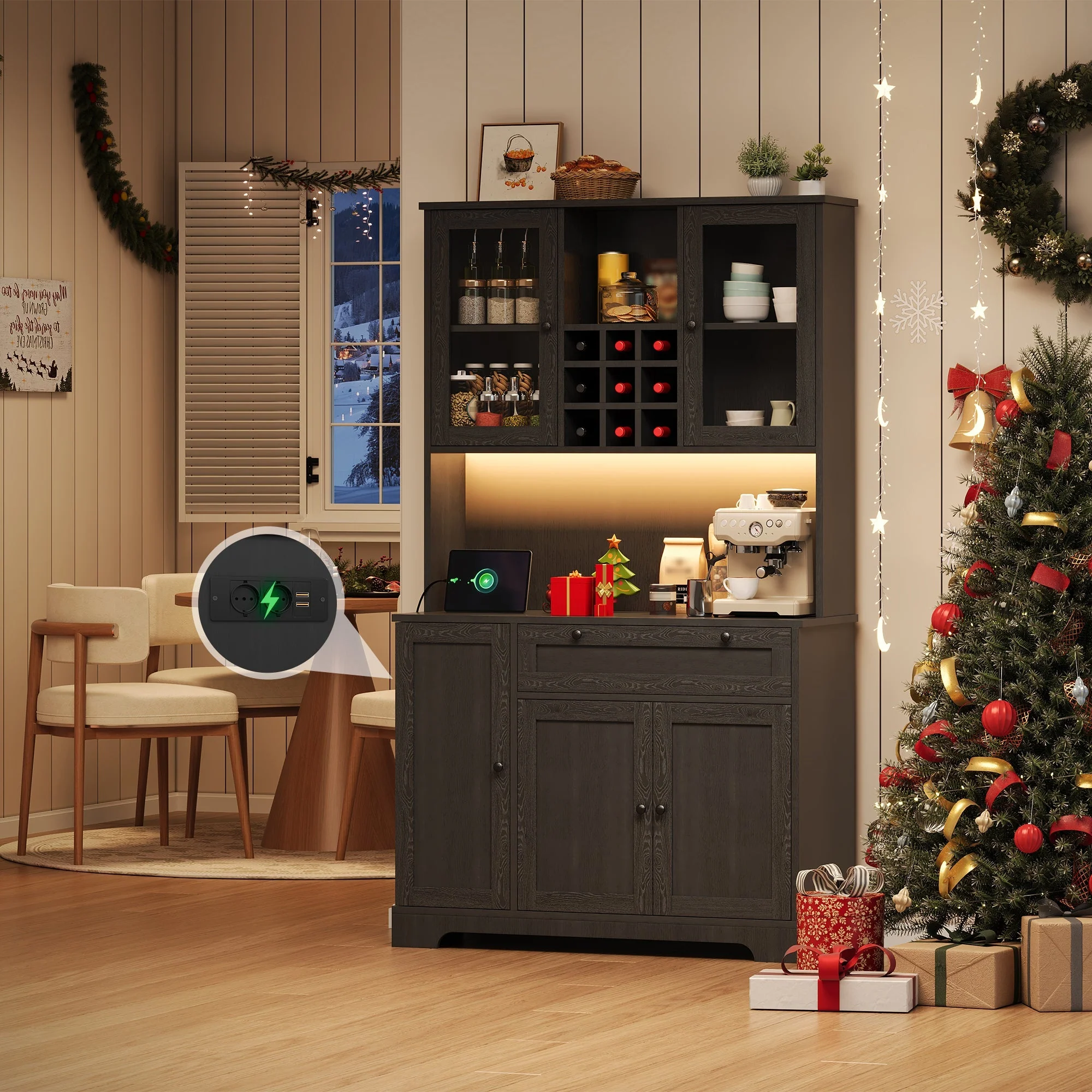 Kitchen Cabinet with LED Lighting, Power Outlet and Spice Rack, 180 x 105 x 40 cm - Image 2