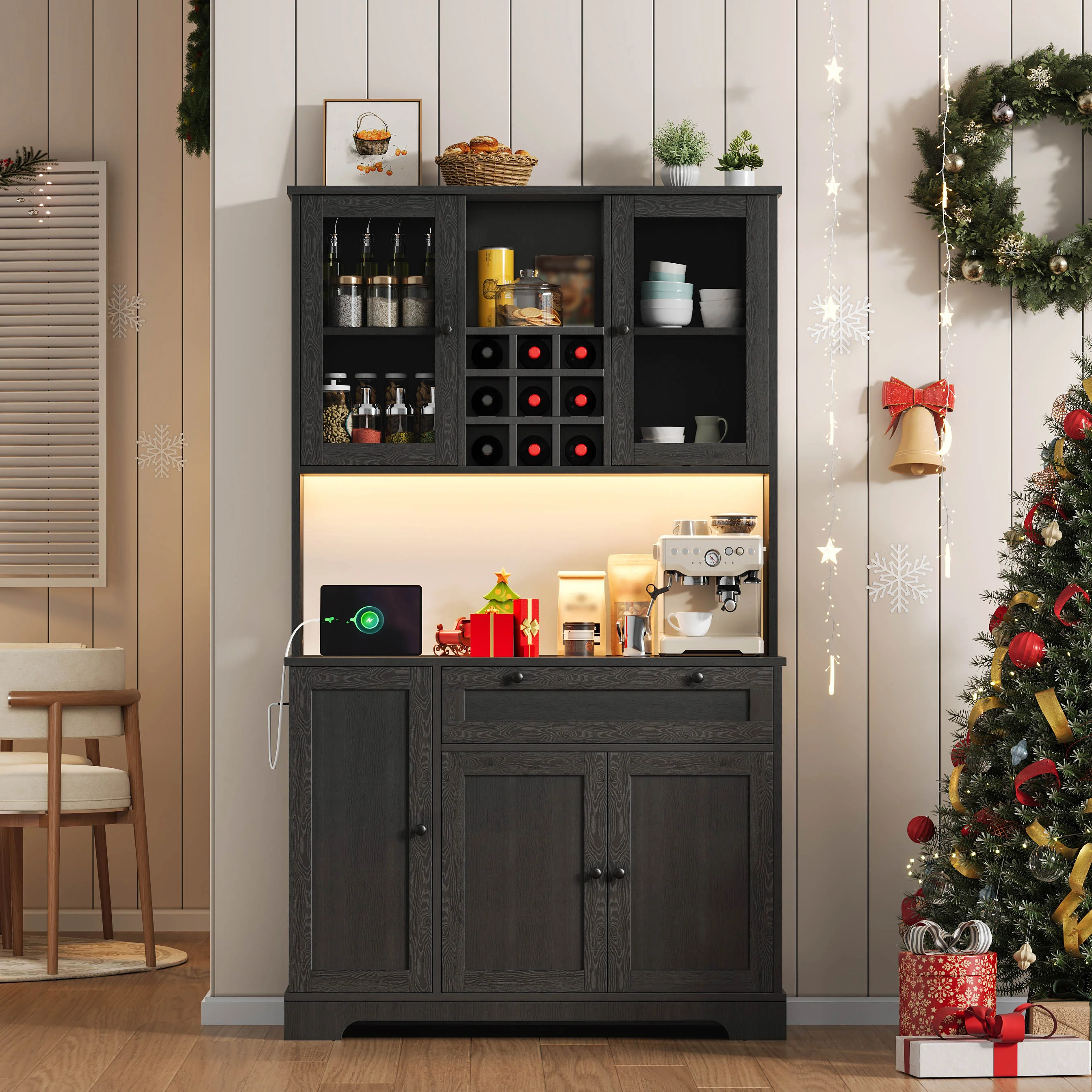 Kitchen Cabinet with LED Lighting, Power Outlet and Spice Rack, 180 x 105 x 40 cm - Image 8