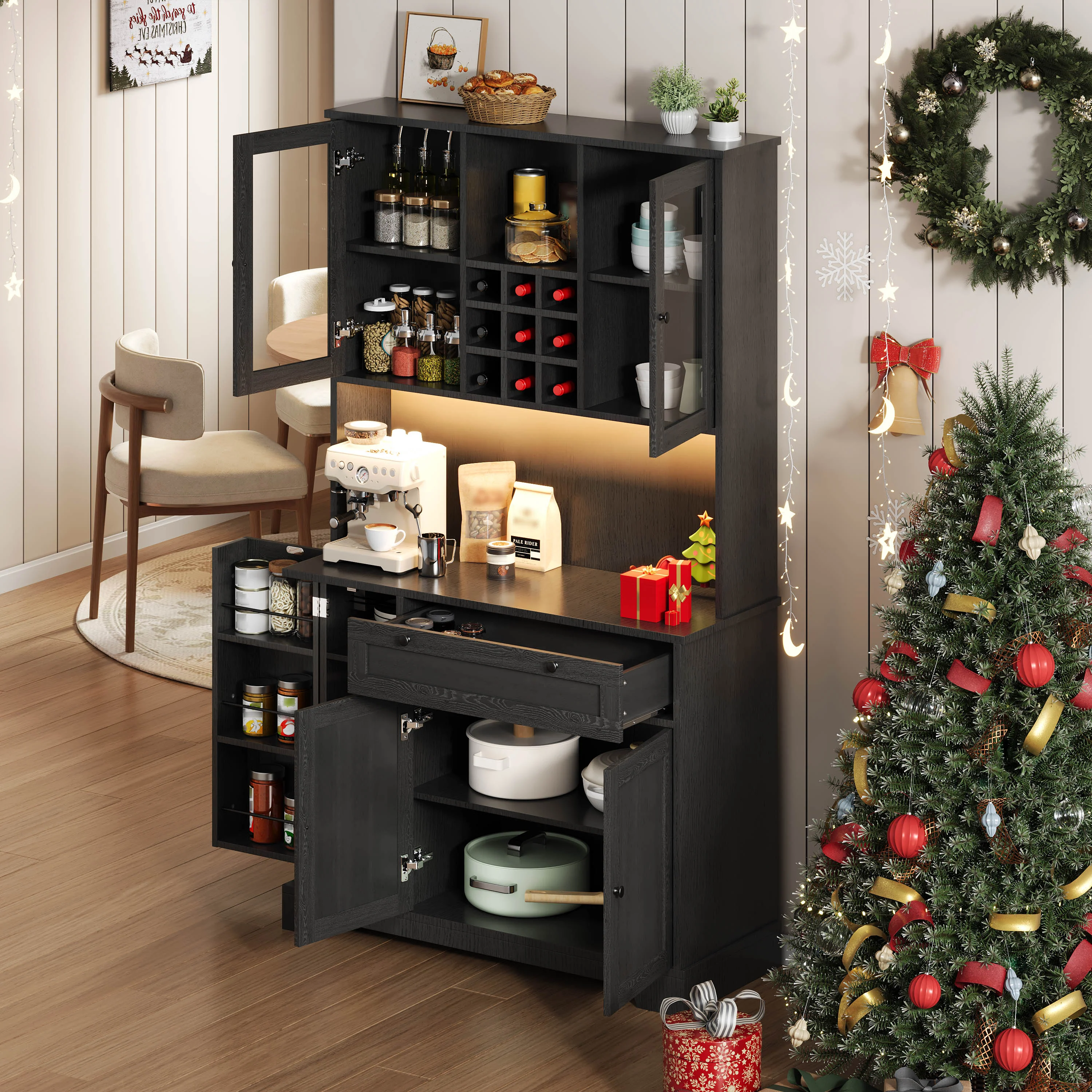 Kitchen Cabinet with LED Lighting, Power Outlet and Spice Rack, 180 x 105 x 40 cm - Image 9