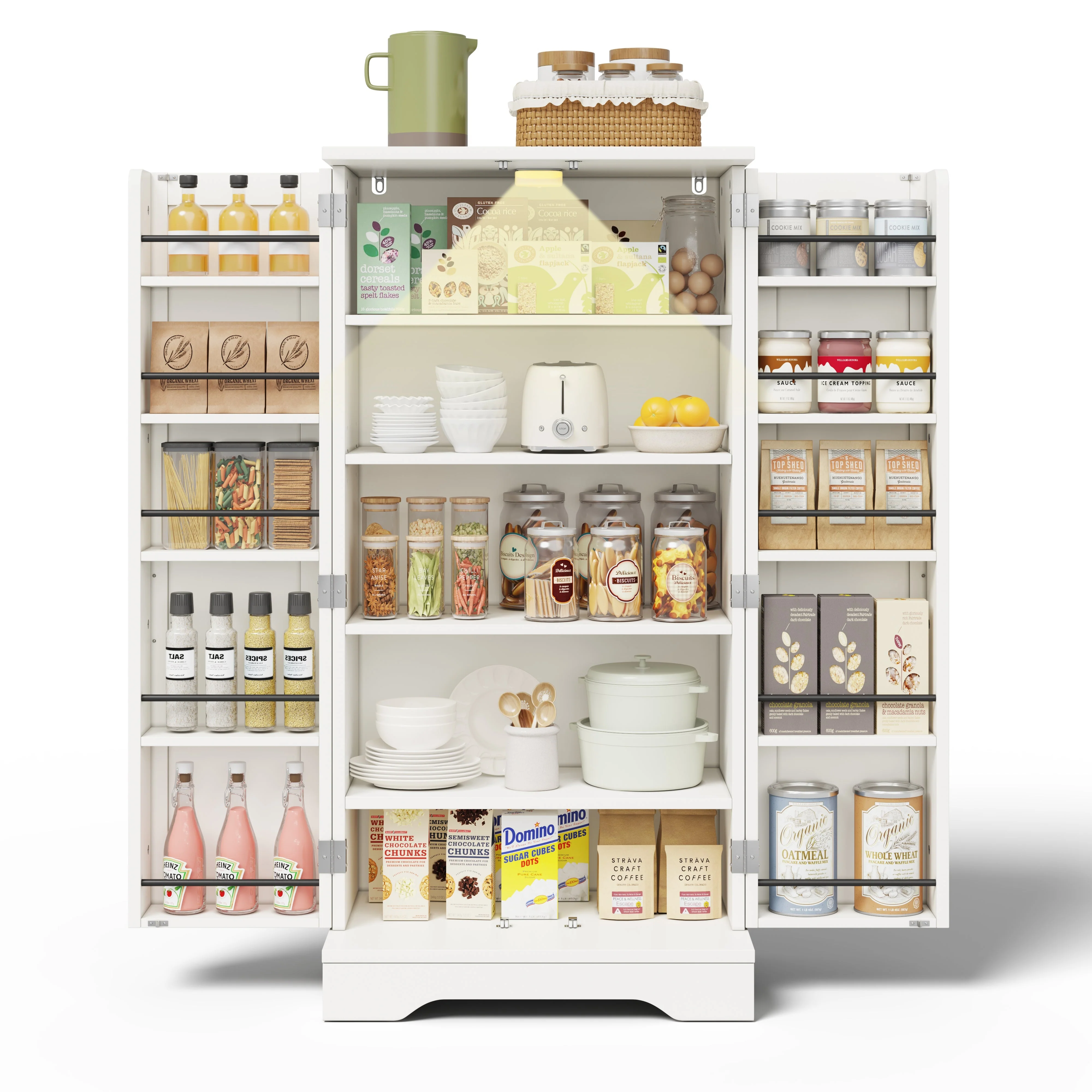 Kitchen Cabinet with LED Sensor Light and Adjustable Shelves, White - Image 10