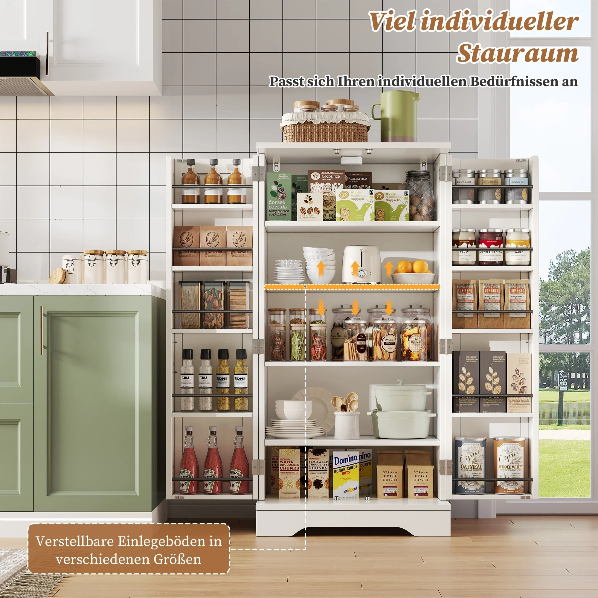 Kitchen Cabinet with LED Sensor Light and Adjustable Shelves, White - Image 3