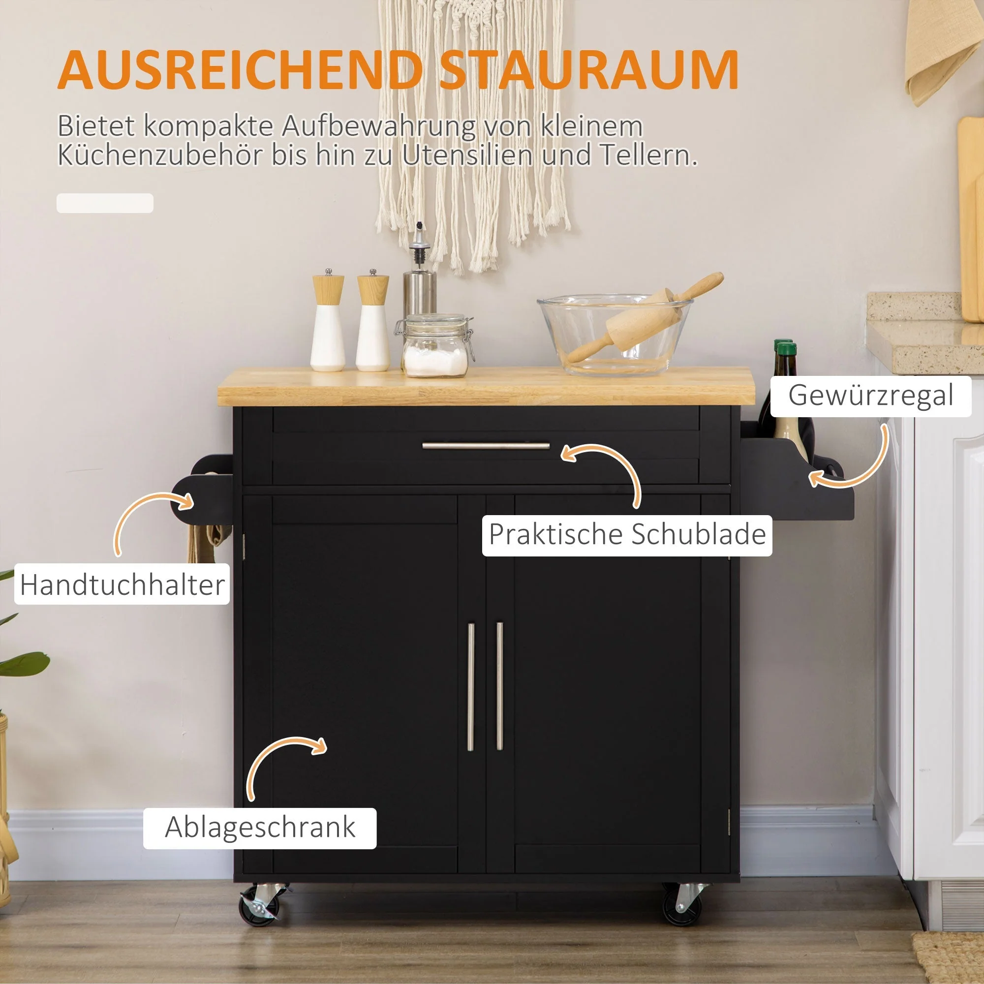Kitchen Cart Serving Trolley with Worktop, Spice Rack, Towel Holder, Wood - Image 4