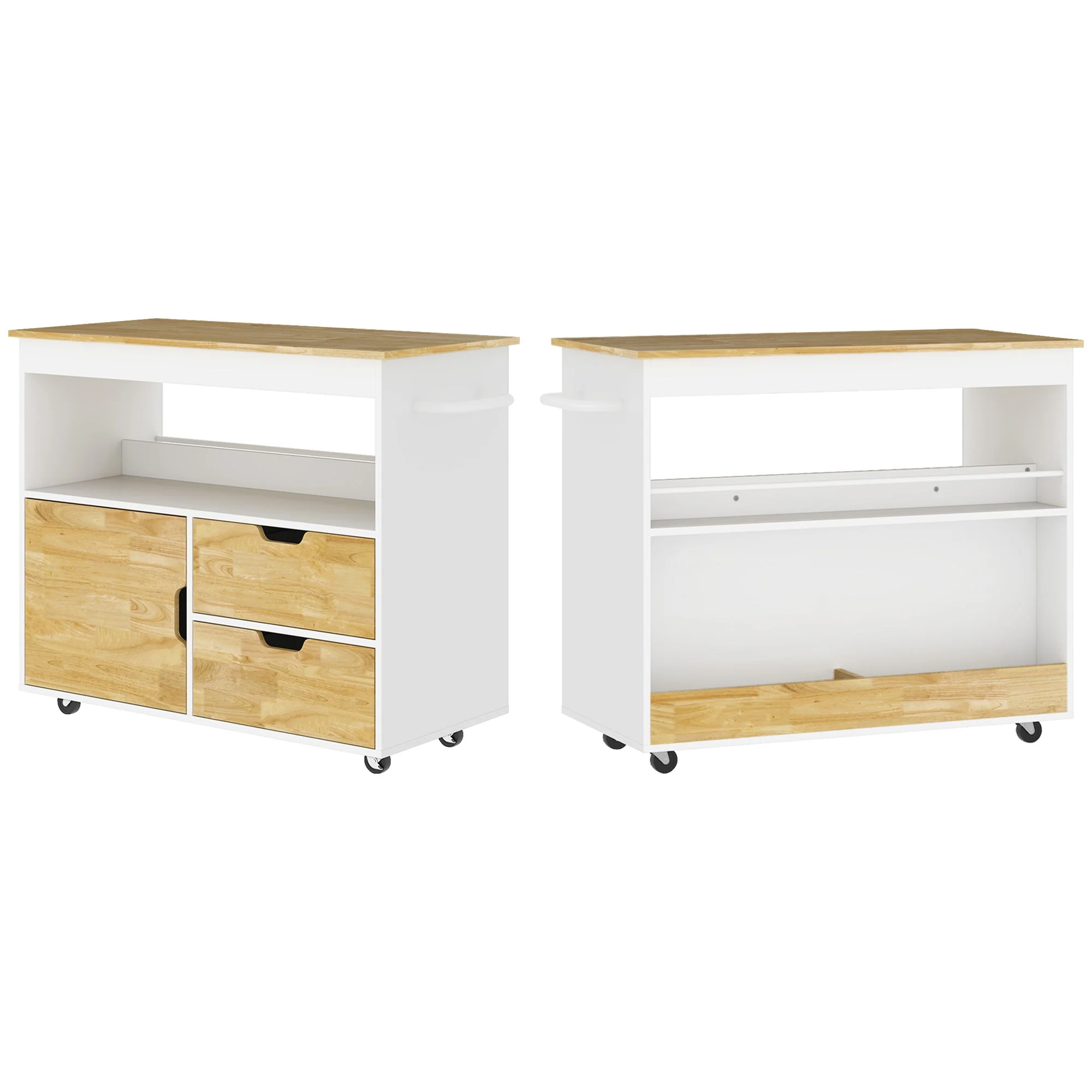 Kitchen Cart with Drawers, Cabinet, and Handle, Oak - Image 2