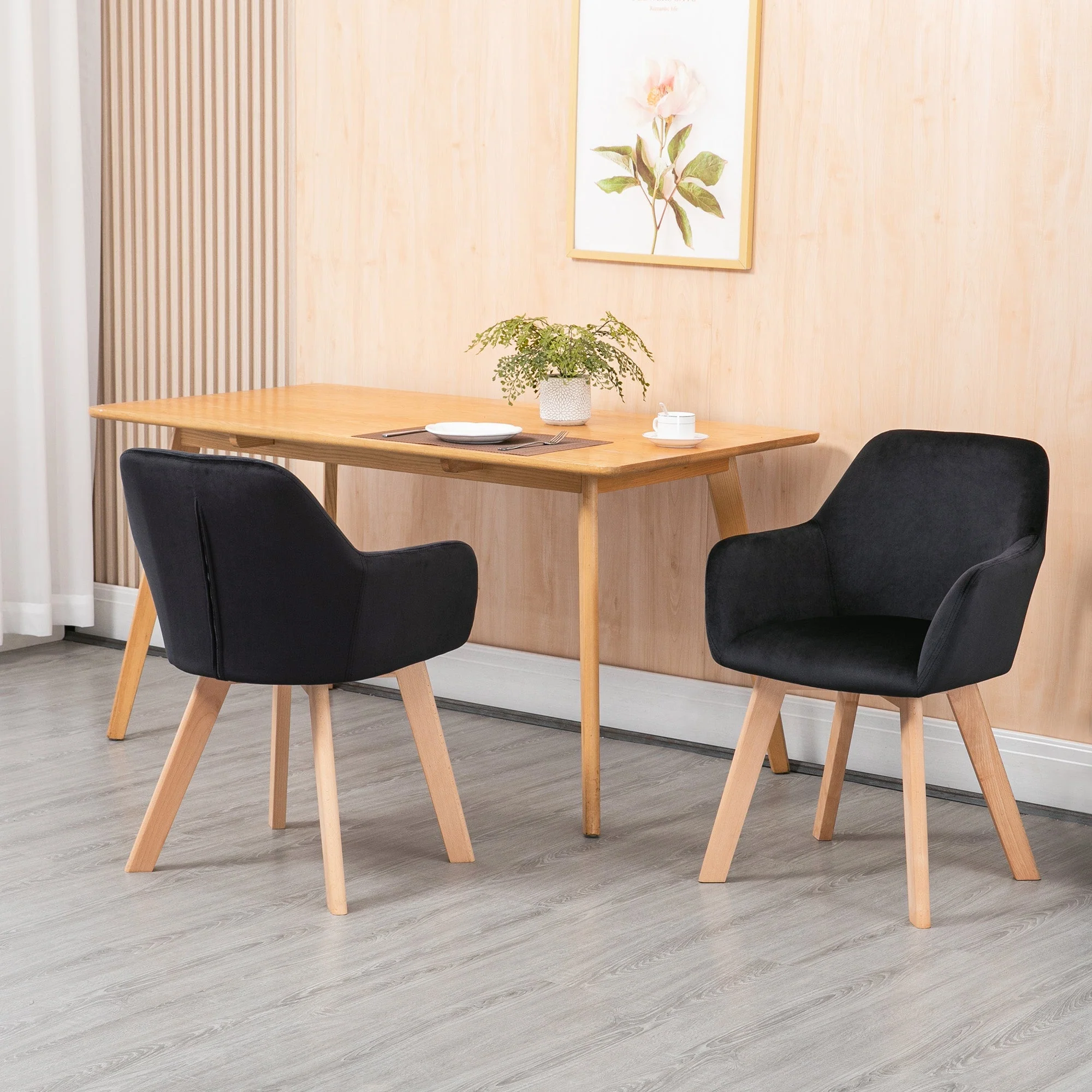 Kitchen Chairs, Set of 2 Ergonomic with Armrests, Polyester Wood, Black