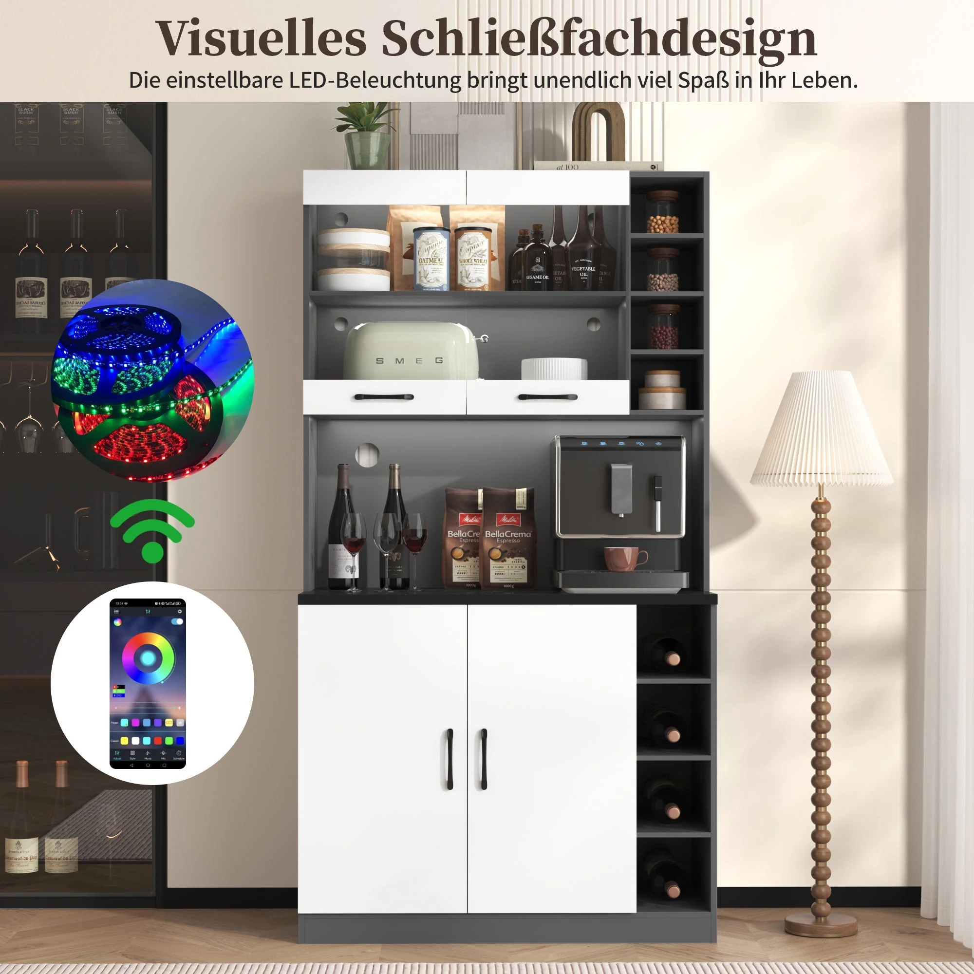 Kitchen Highboard Buffet 100x47x187cm LED Lighting Microwave Adjustable Shelves - Wooden - Image 2
