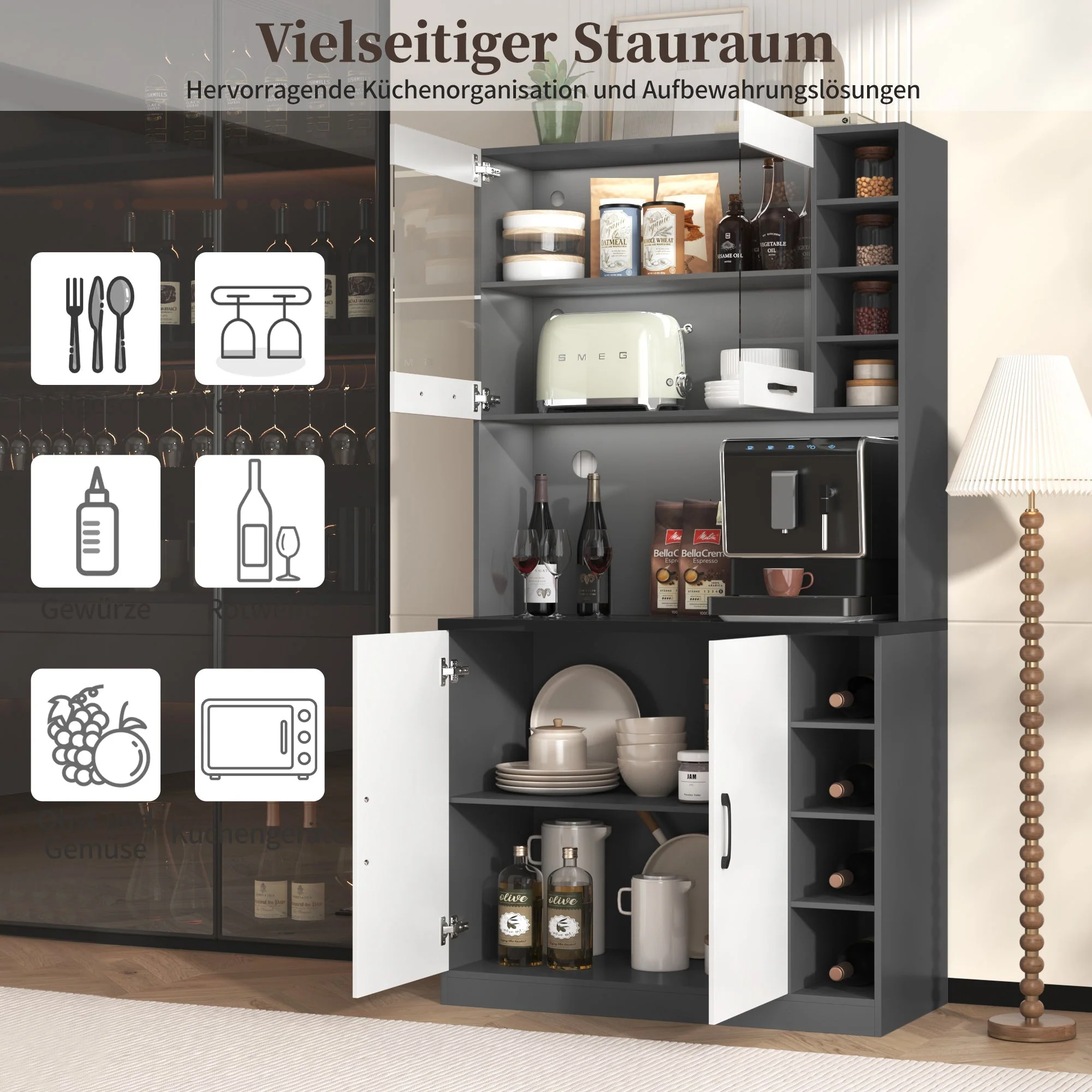 Kitchen Highboard Buffet 100x47x187cm LED Lighting Microwave Adjustable Shelves - Wooden - Image 5
