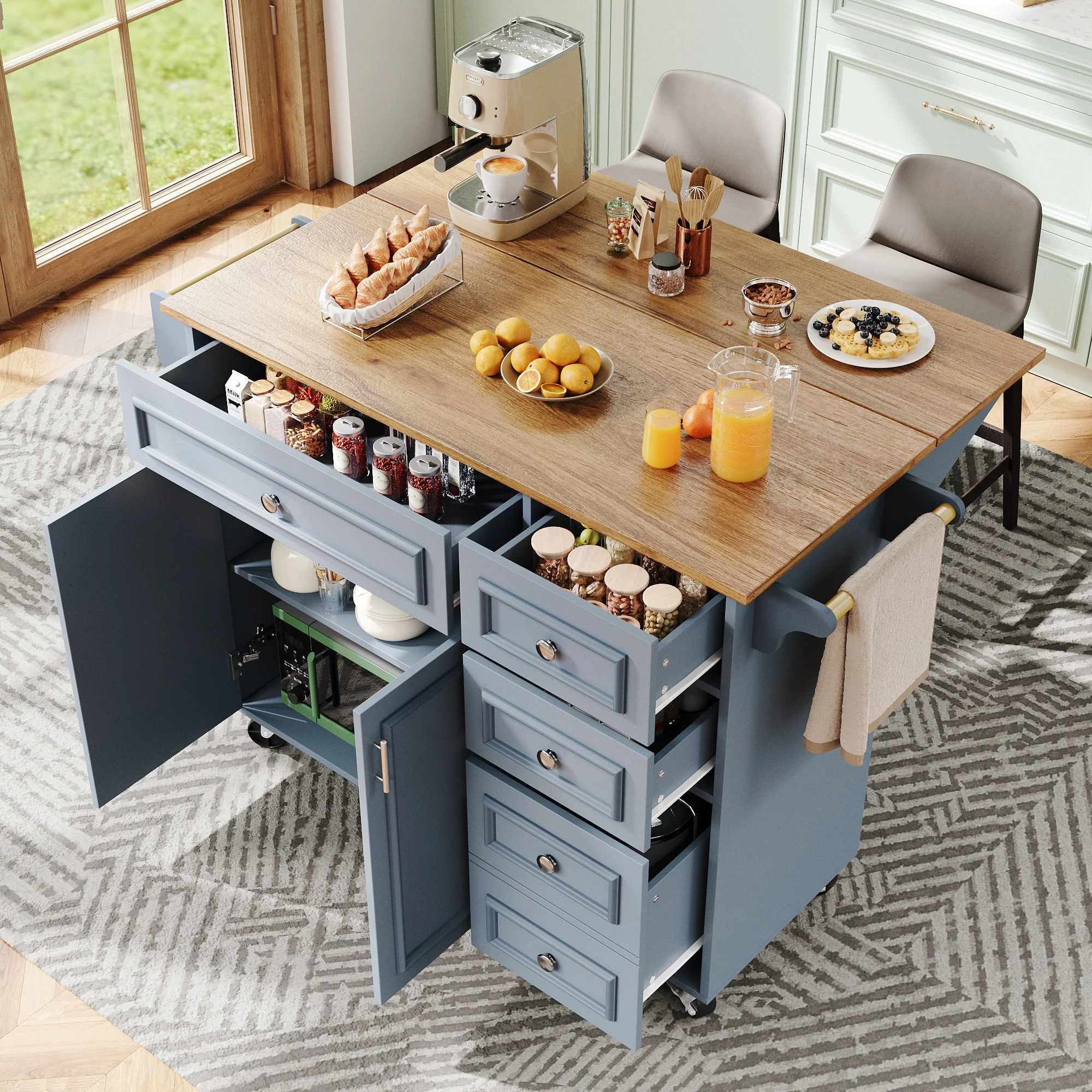 Kitchen Island 110cm Extendable Dining Table with Storage & Removable Trolley, Blue