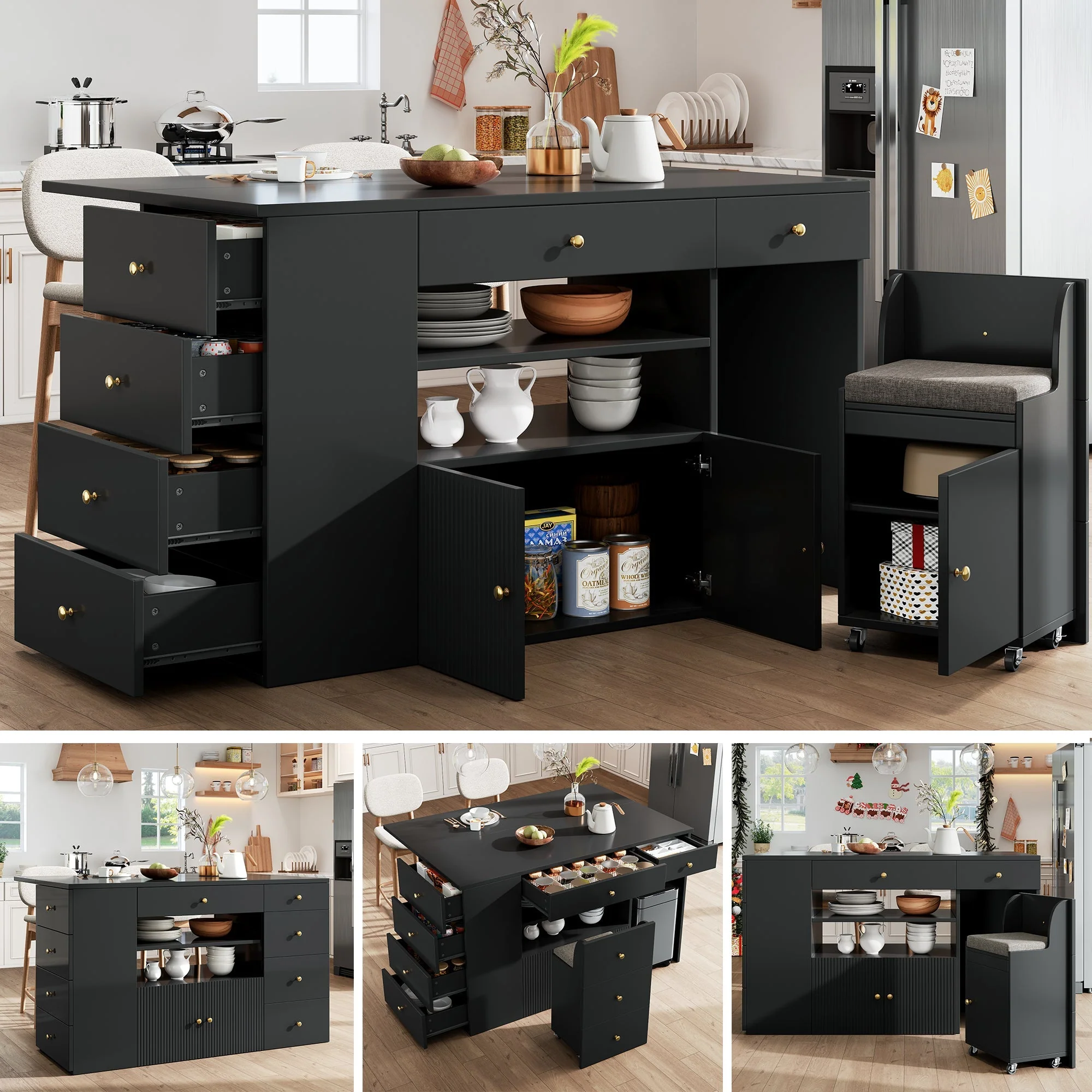 Kitchen Island Cabinet Adjustable 140cm with 6 Drawers Bar Stools White/Black - Image 2