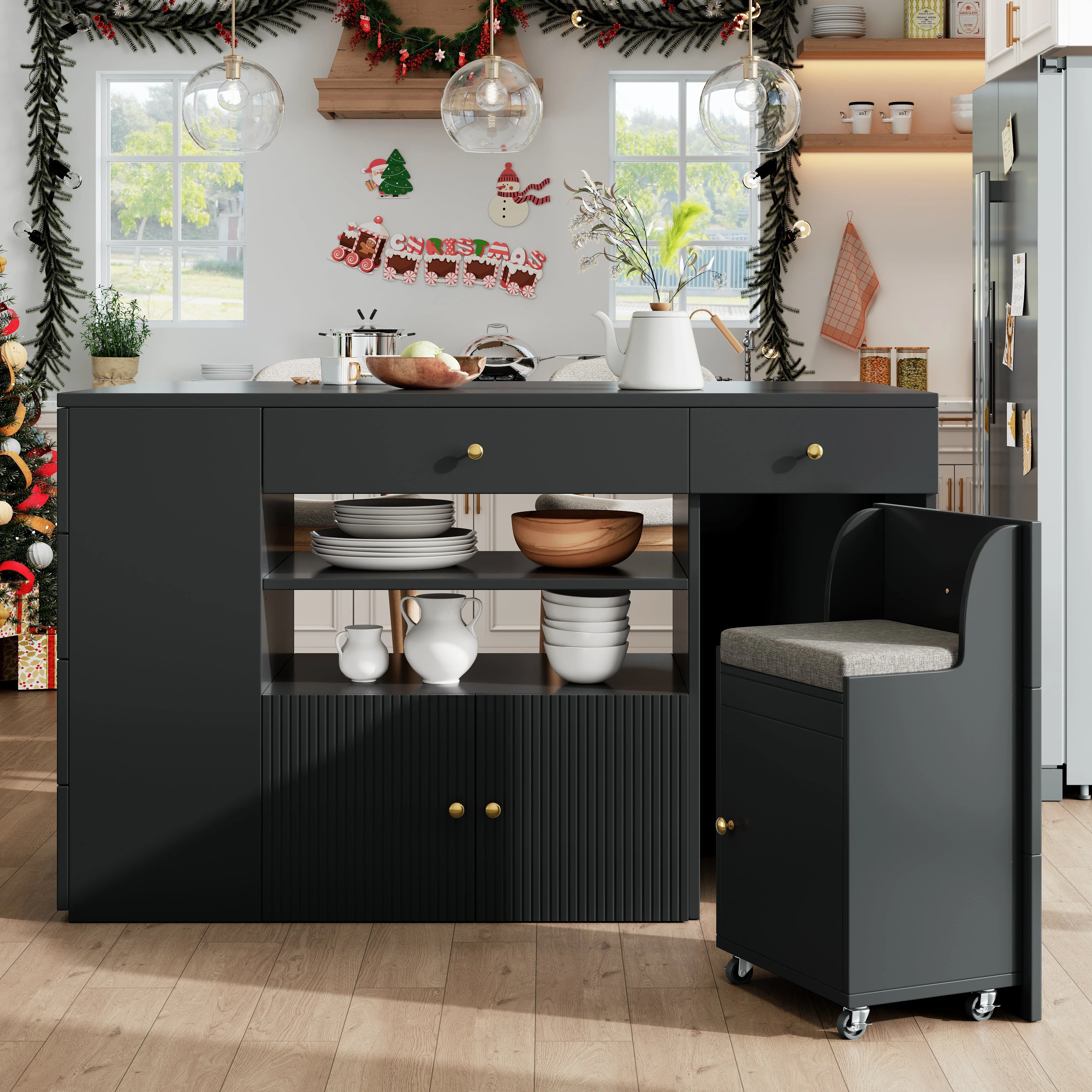 Kitchen Island Cabinet Adjustable 140cm with 6 Drawers Bar Stools White/Black - Image 6