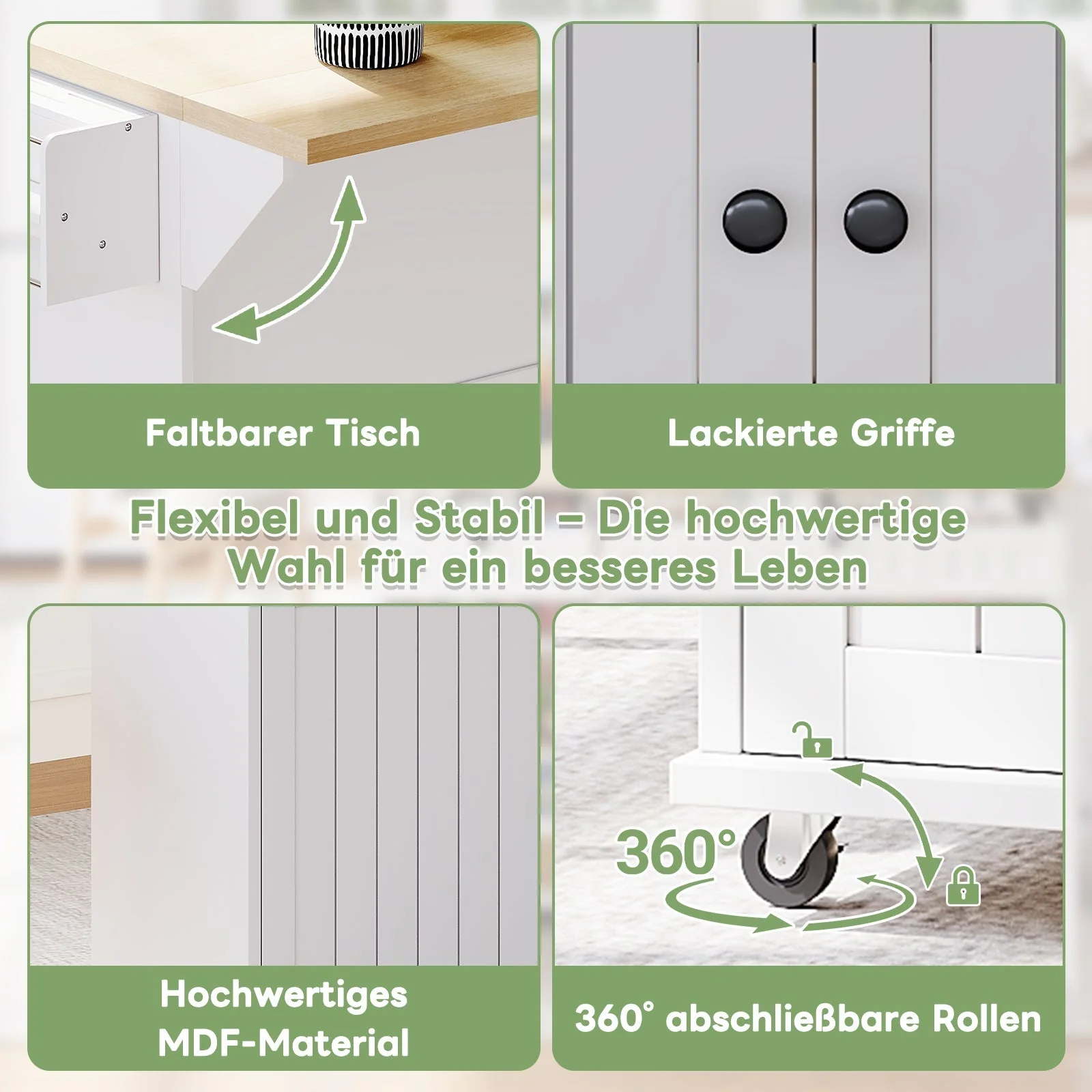 Kitchen Island Cabinet, Fold-Down Worktop Drawers Casters, White - Image 4