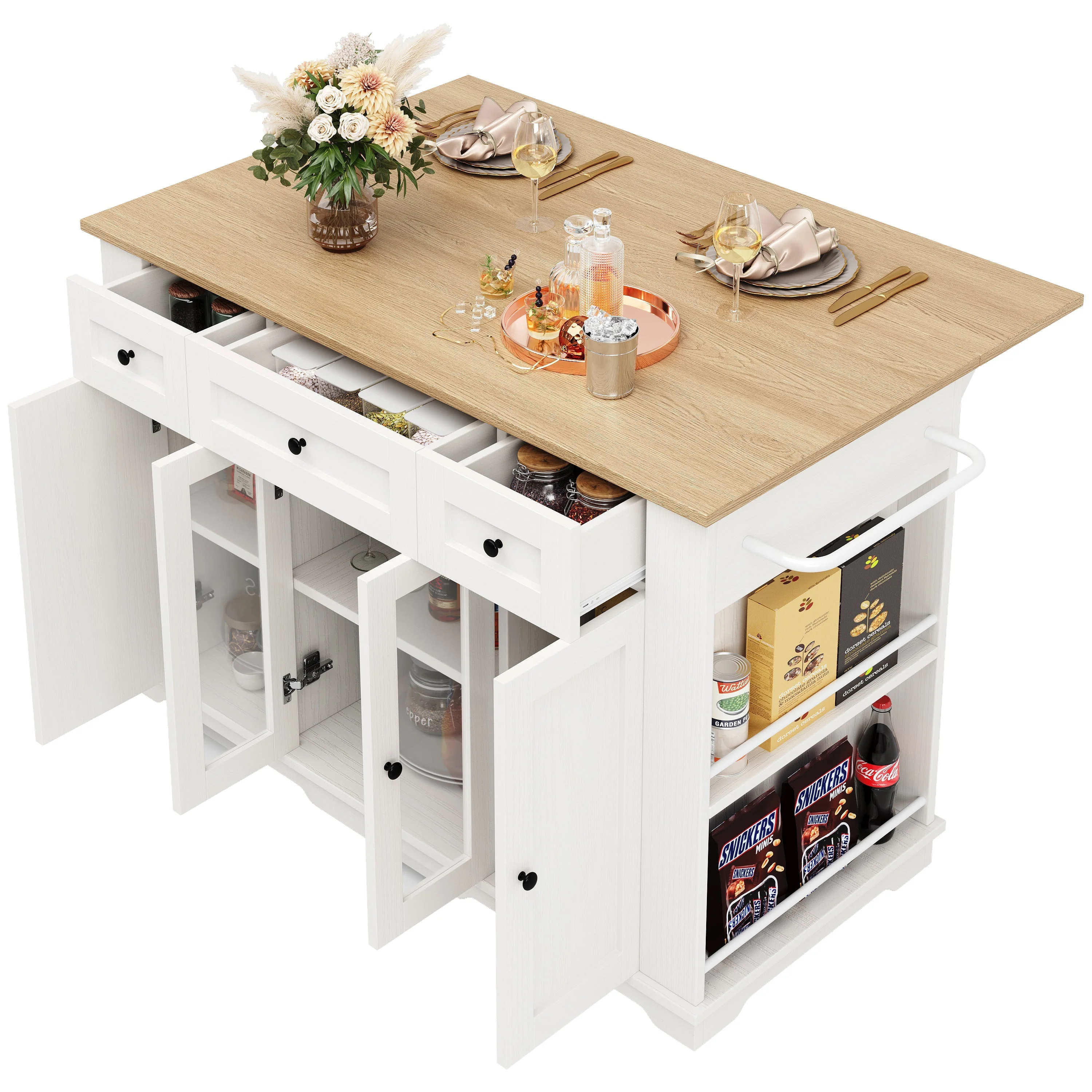 Kitchen Island Cabinet Tempered Glass Worktop Storage - White - Image 7