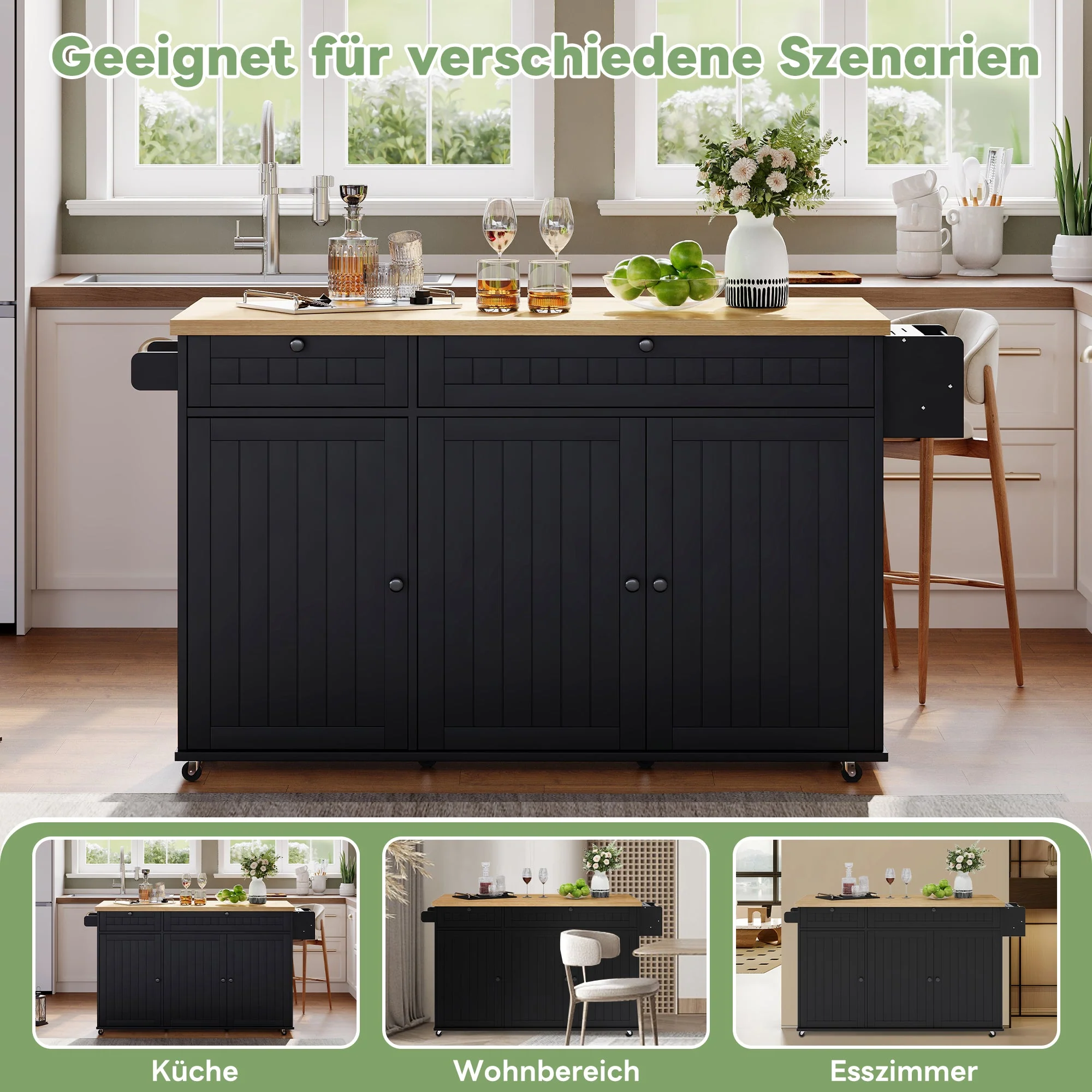 Kitchen Island Cabinet with Fold-Down Worktop, 6 Rolling Casters & Storage Drawers, Black - Image 3