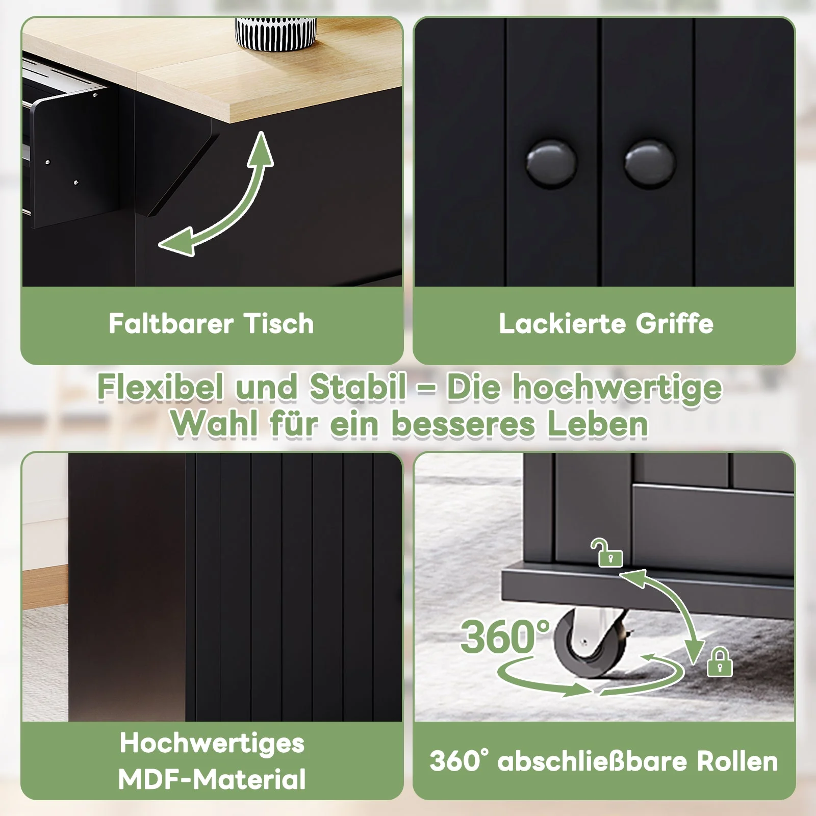 Kitchen Island Cabinet with Fold-Down Worktop, 6 Rolling Casters & Storage Drawers, Black - Image 4