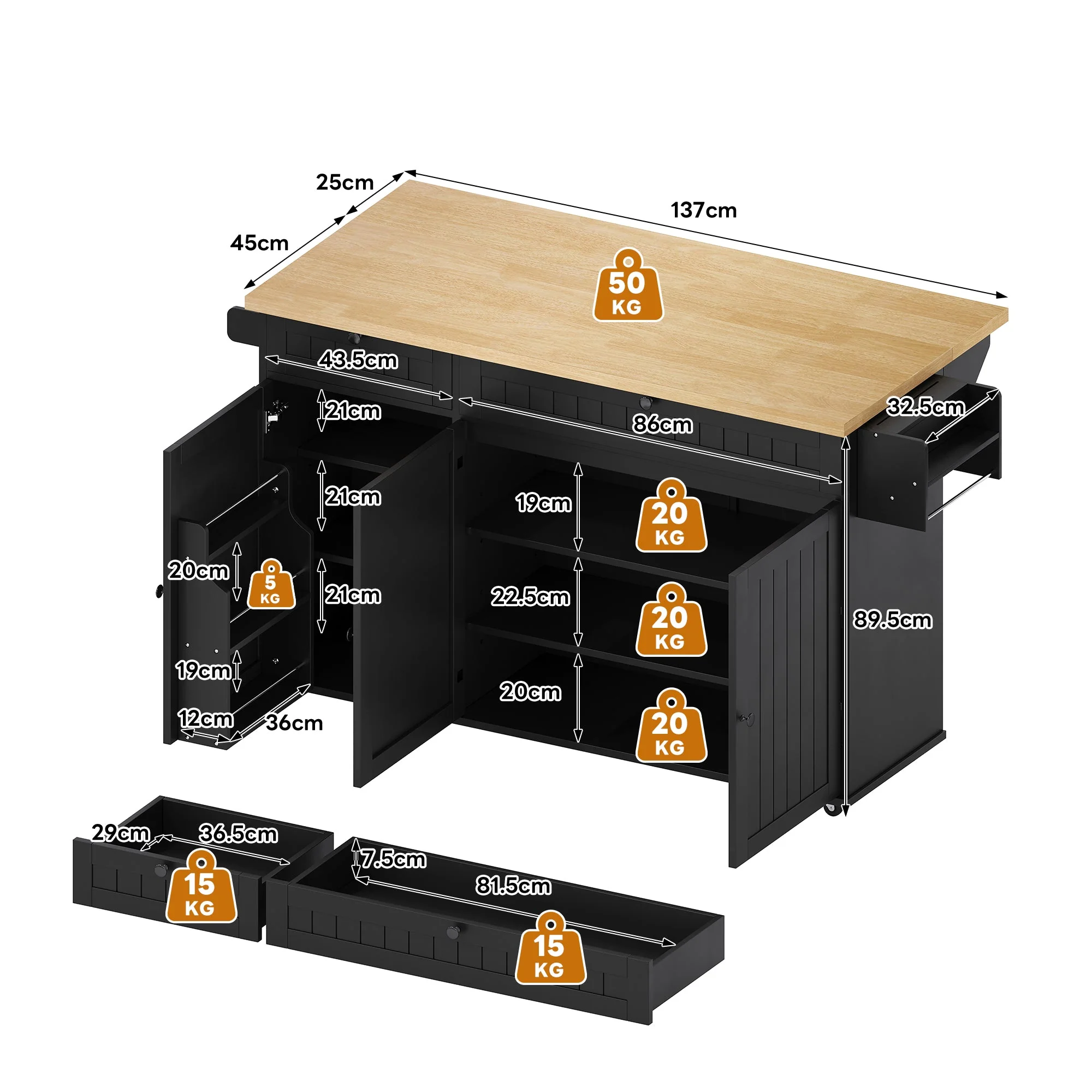 Kitchen Island Cabinet with Fold-Down Worktop, 6 Rolling Casters & Storage Drawers, Black - Image 6