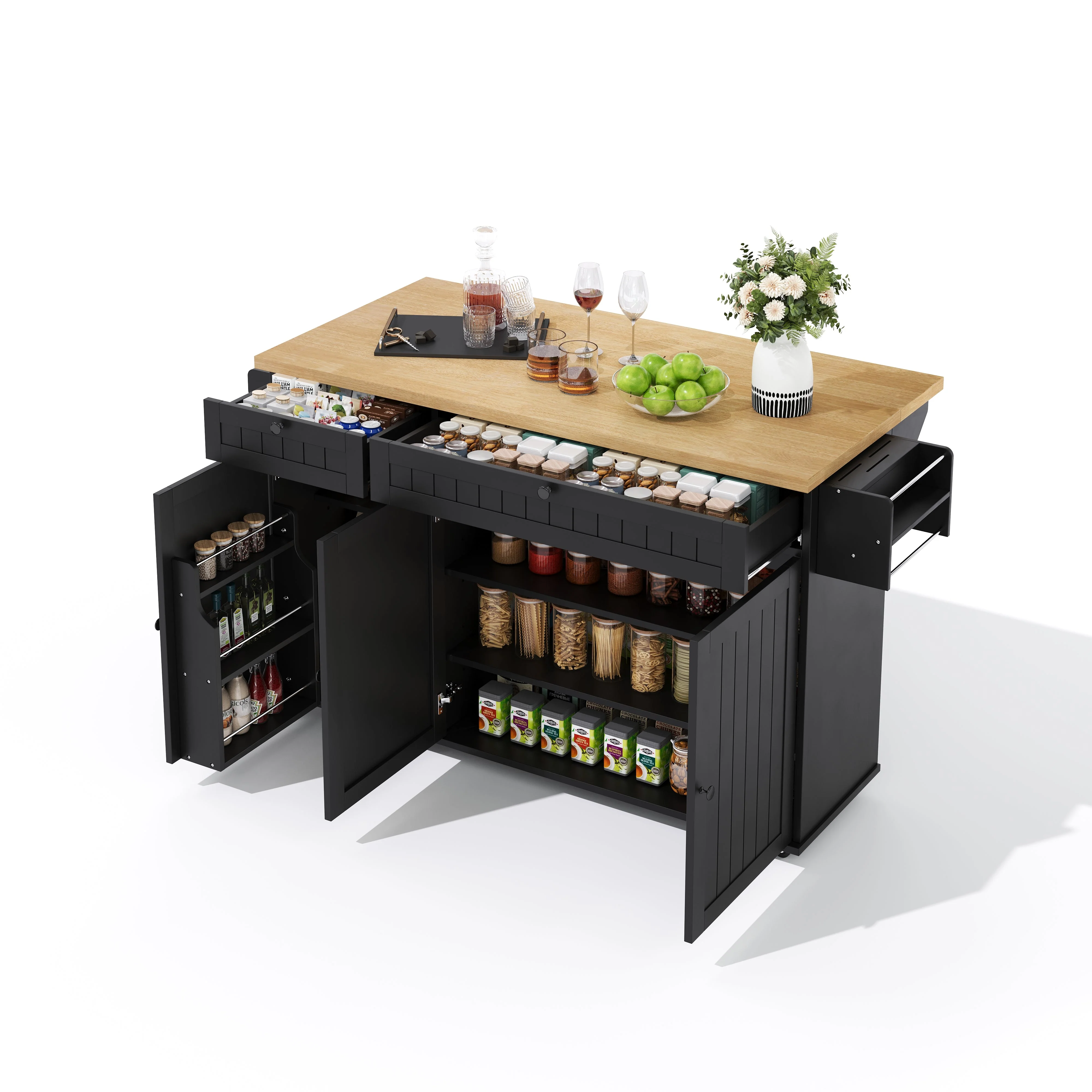 Kitchen Island Cabinet with Fold-Down Worktop, 6 Rolling Casters & Storage Drawers, Black - Image 7