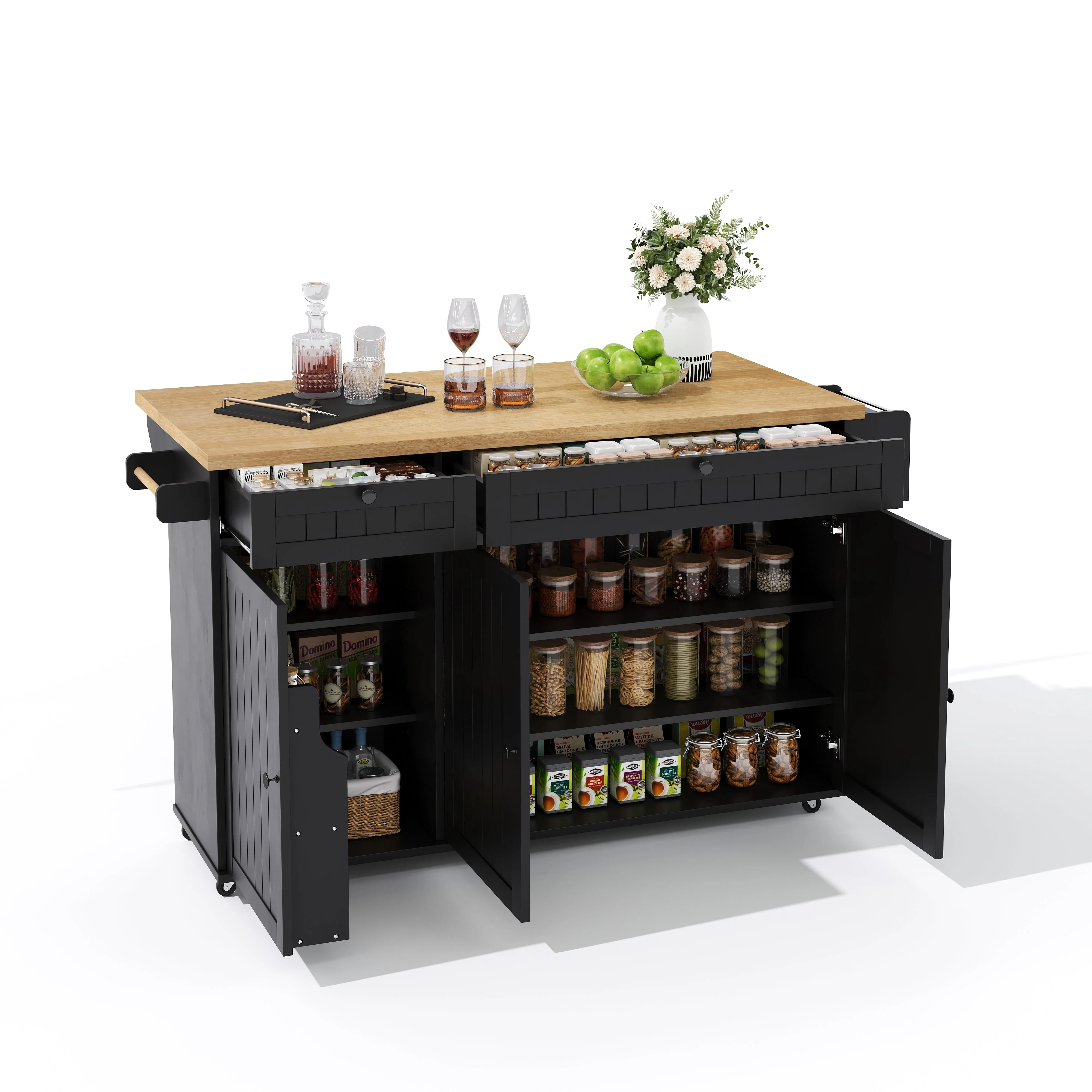 Kitchen Island Cabinet with Fold-Down Worktop, 6 Rolling Casters & Storage Drawers, Black - Image 9