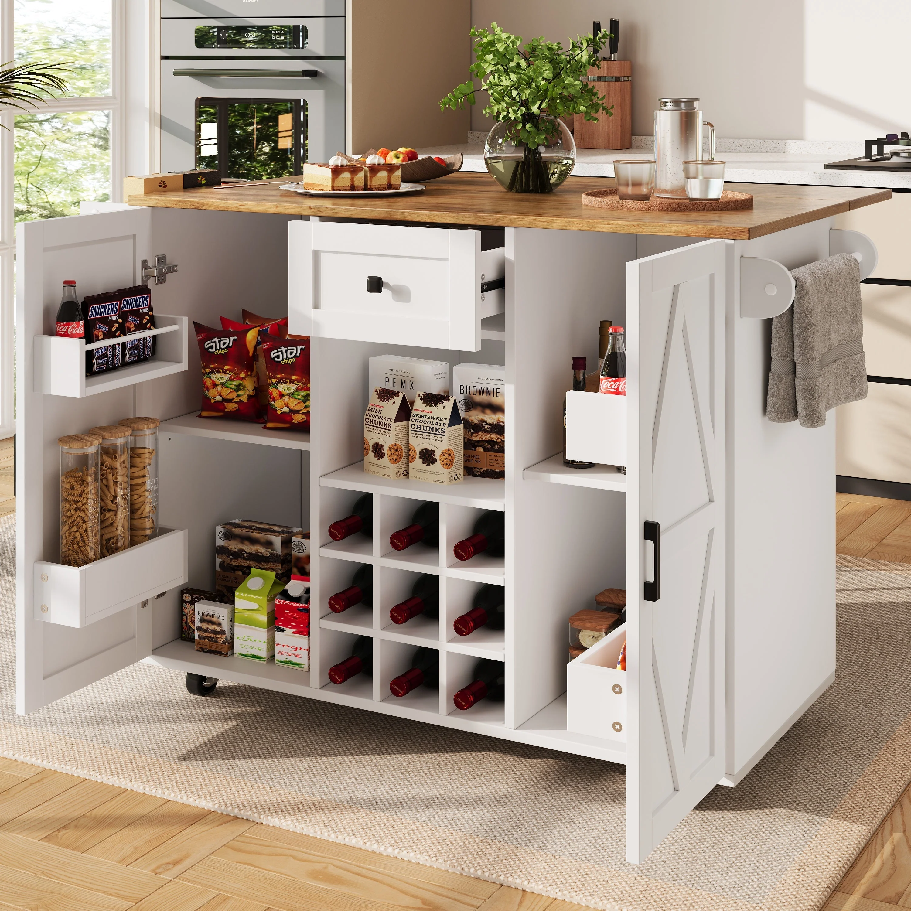 Kitchen Island Dining Cart Extendable Multifunctional Storage - Wood Grain - Image 2