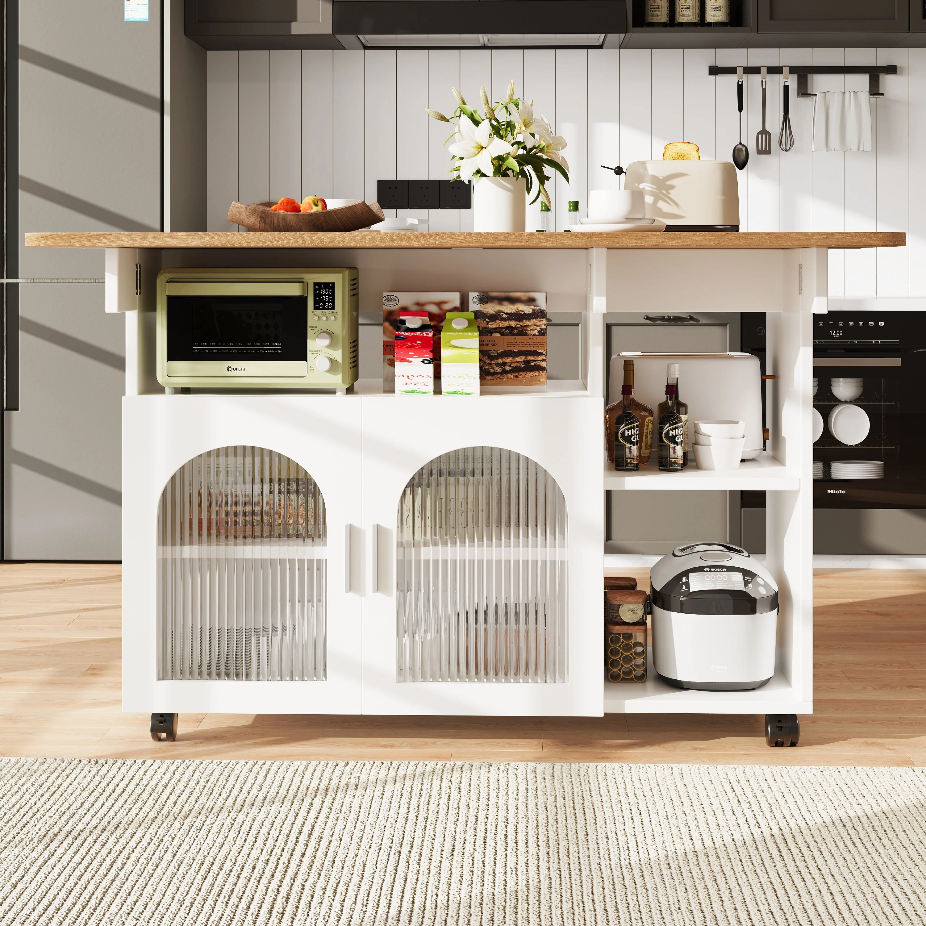 Kitchen Island Dining Cart - Multifunctional Storage, Removable - White Wood Grain - Image 3