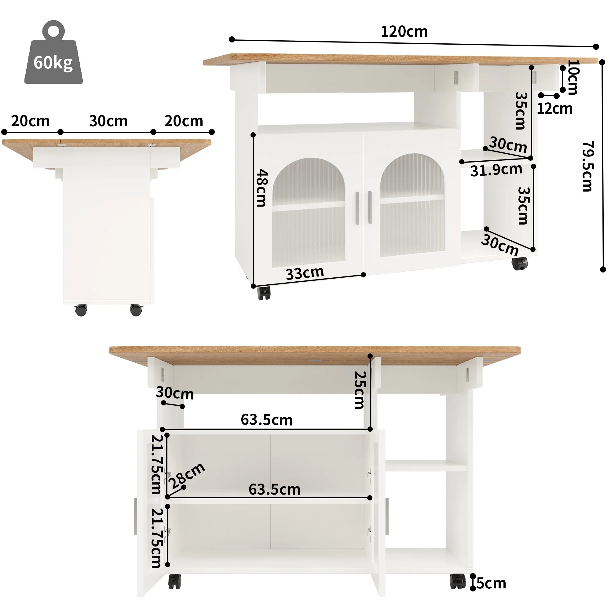 Kitchen Island Dining Cart - Multifunctional Storage, Removable - White Wood Grain - Image 4