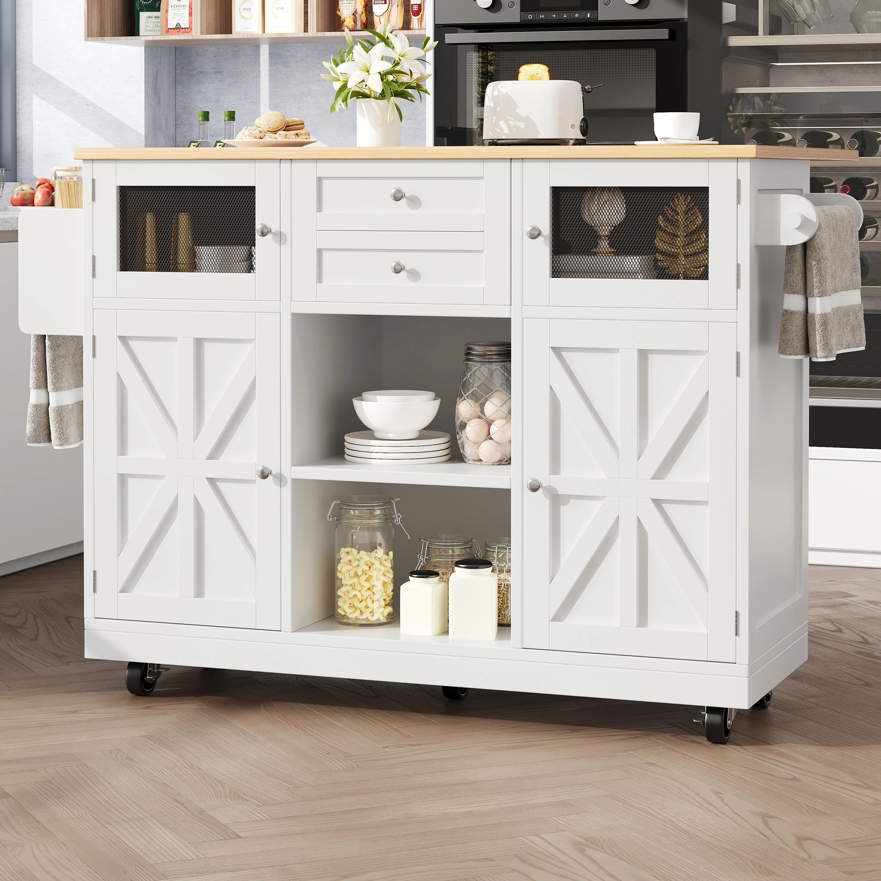 Kitchen Island Dining Trolley Sideboard Worktop Casters Adjustable Storage White