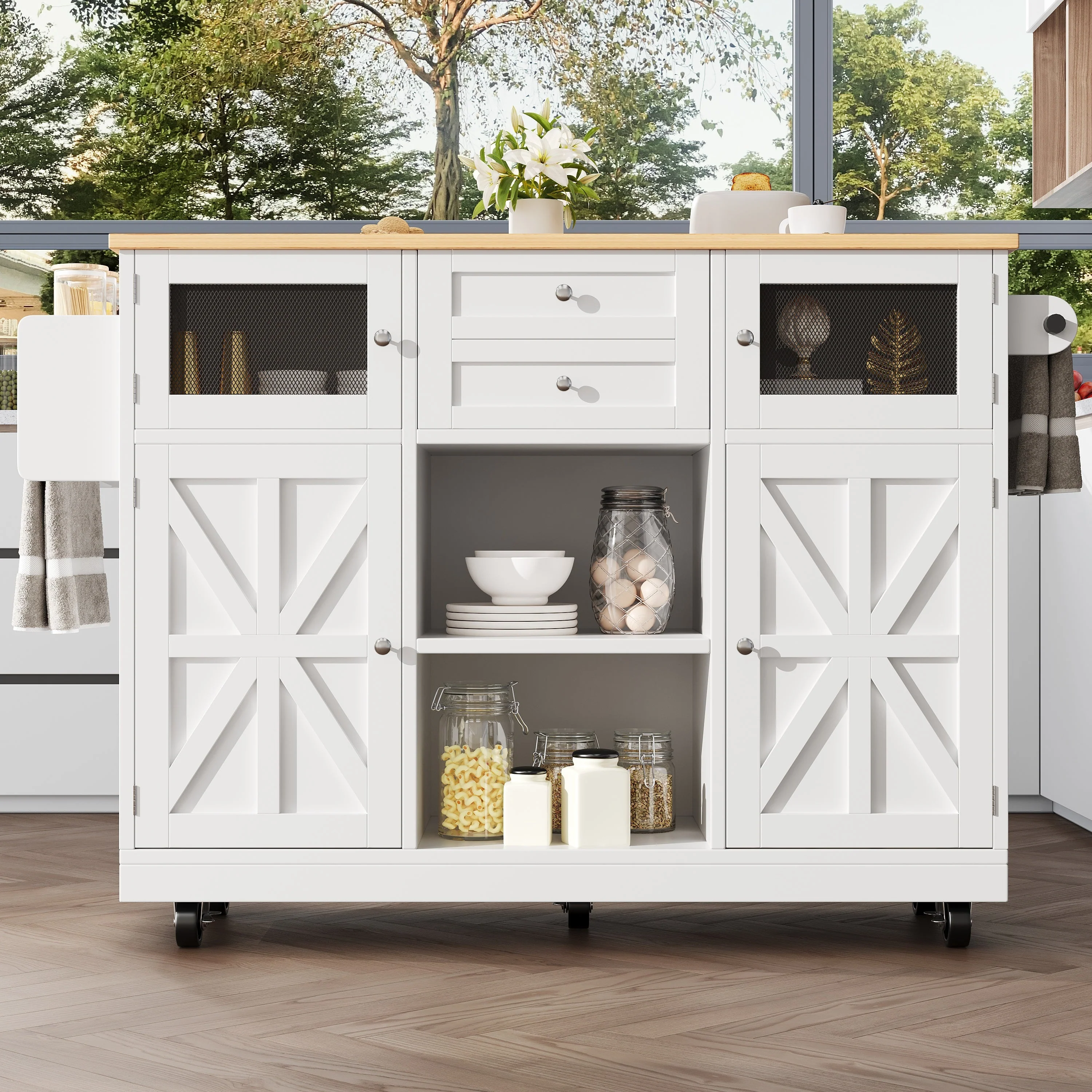 Kitchen Island Dining Trolley Sideboard Worktop Casters Adjustable Storage White - Image 2