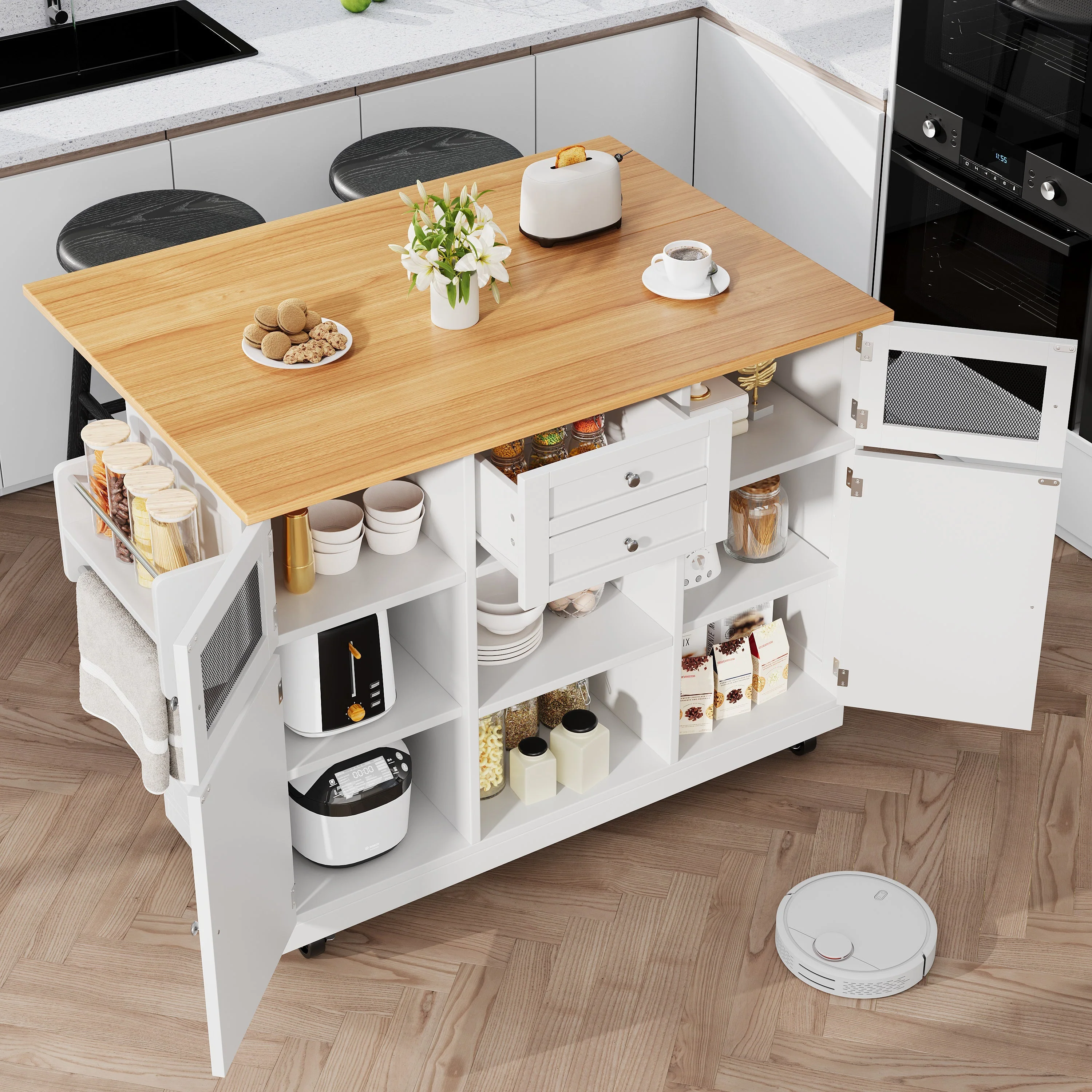Kitchen Island Dining Trolley Sideboard Worktop Casters Adjustable Storage White - Image 3
