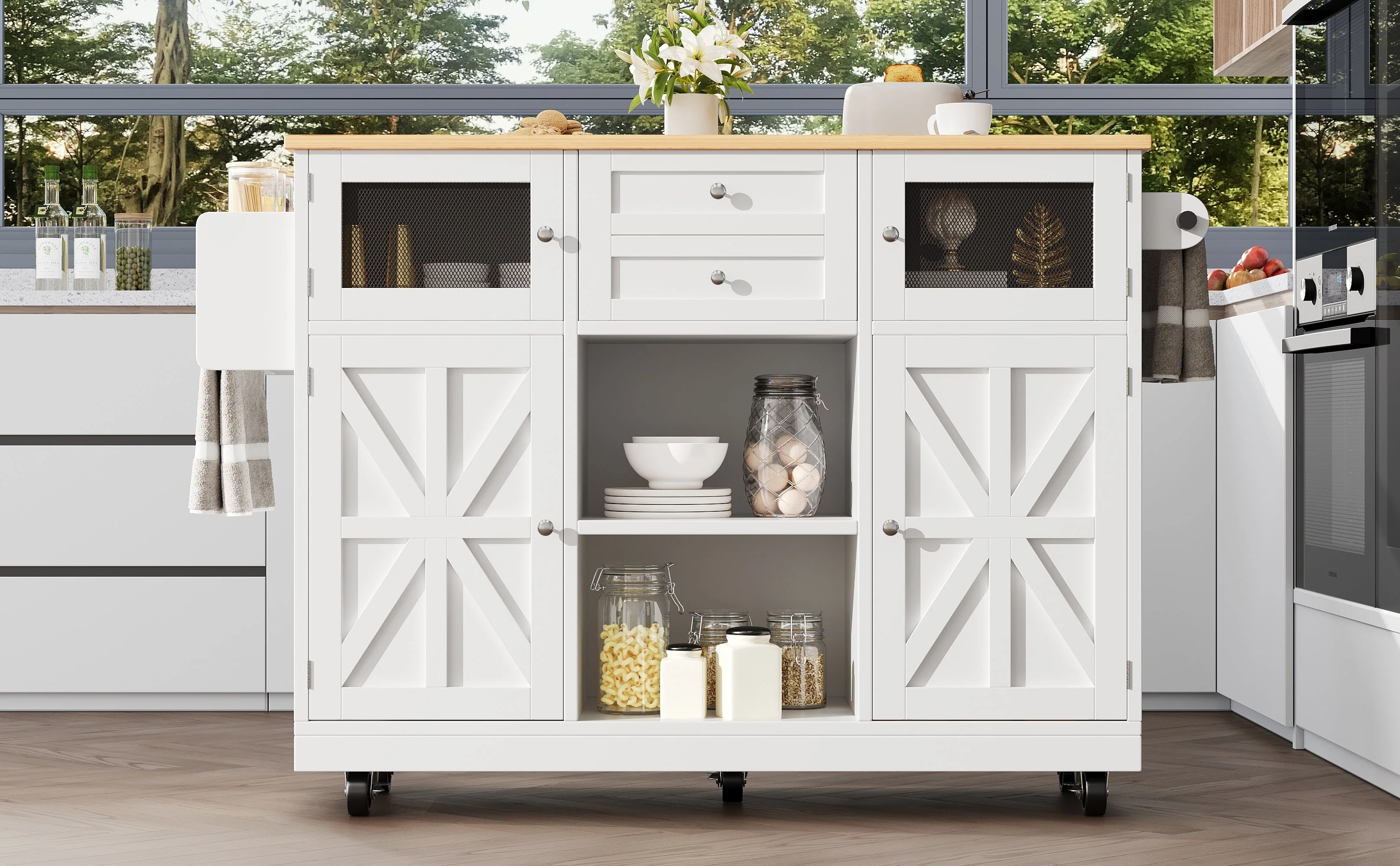 Kitchen Island Dining Trolley Sideboard Worktop Casters Adjustable Storage White - Image 4