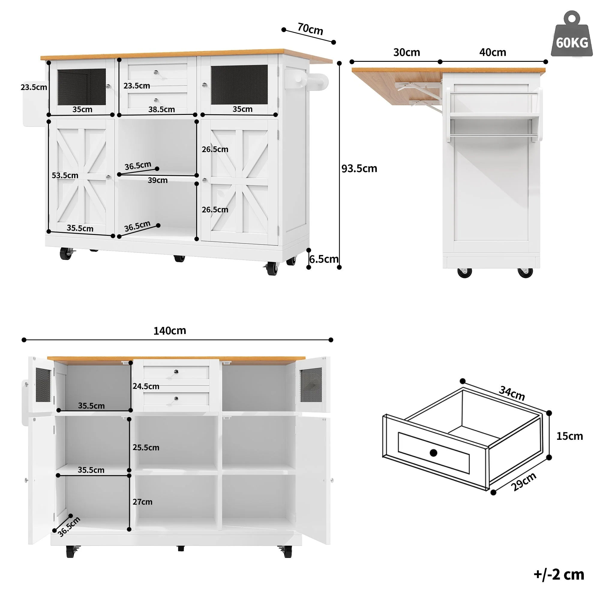 Kitchen Island Dining Trolley Sideboard Worktop Casters Adjustable Storage White - Image 5