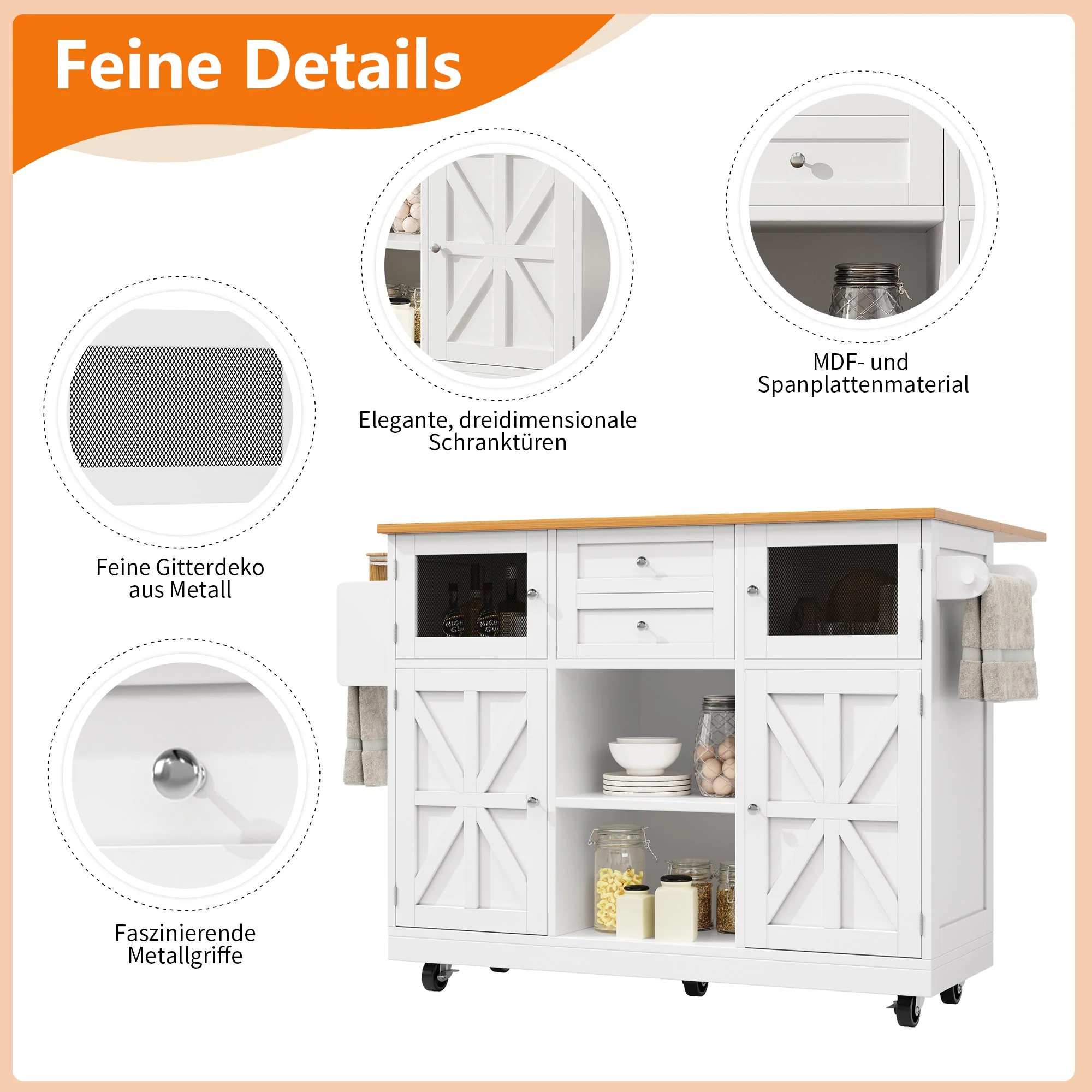 Kitchen Island Dining Trolley Sideboard Worktop Casters Adjustable Storage White - Image 7