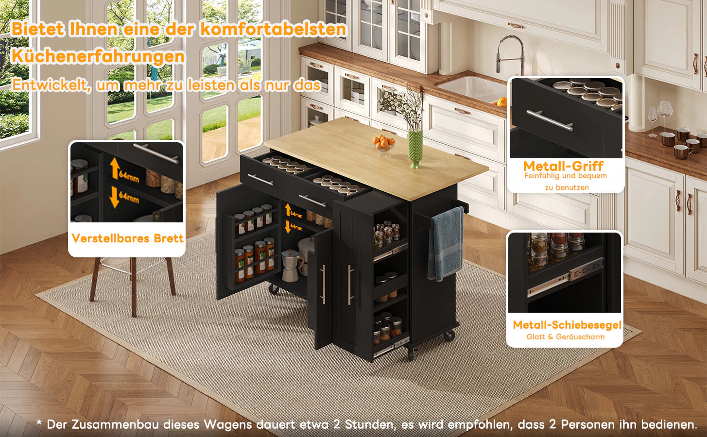 Kitchen Island Drop Leaf Rolling Cart 3-Tier Pull-Out 2 Drawers - Black - Image 10