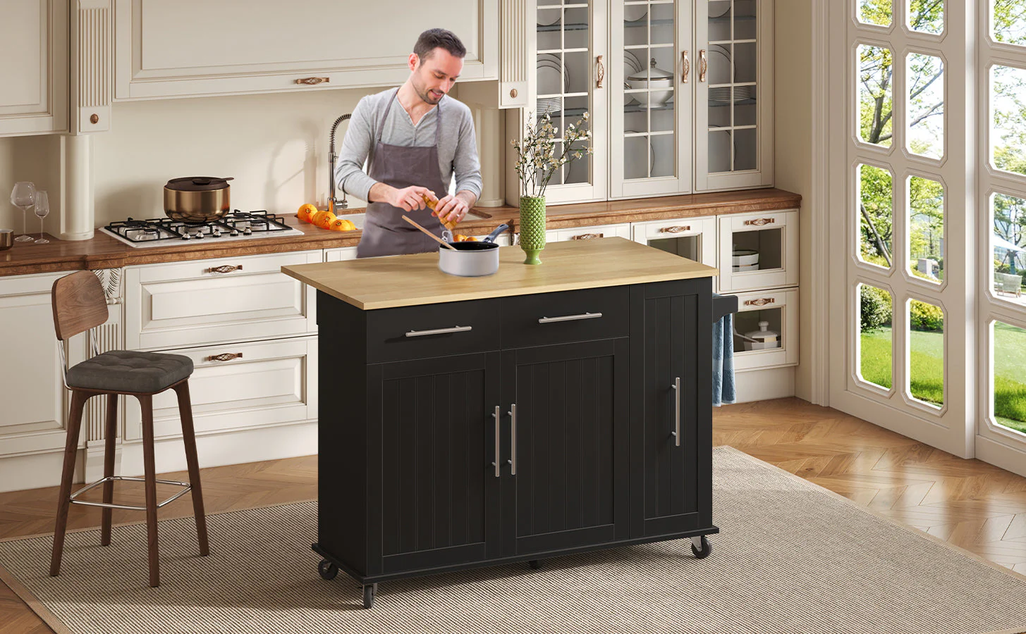 Kitchen Island Drop Leaf Rolling Cart 3-Tier Pull-Out 2 Drawers - Black - Image 7
