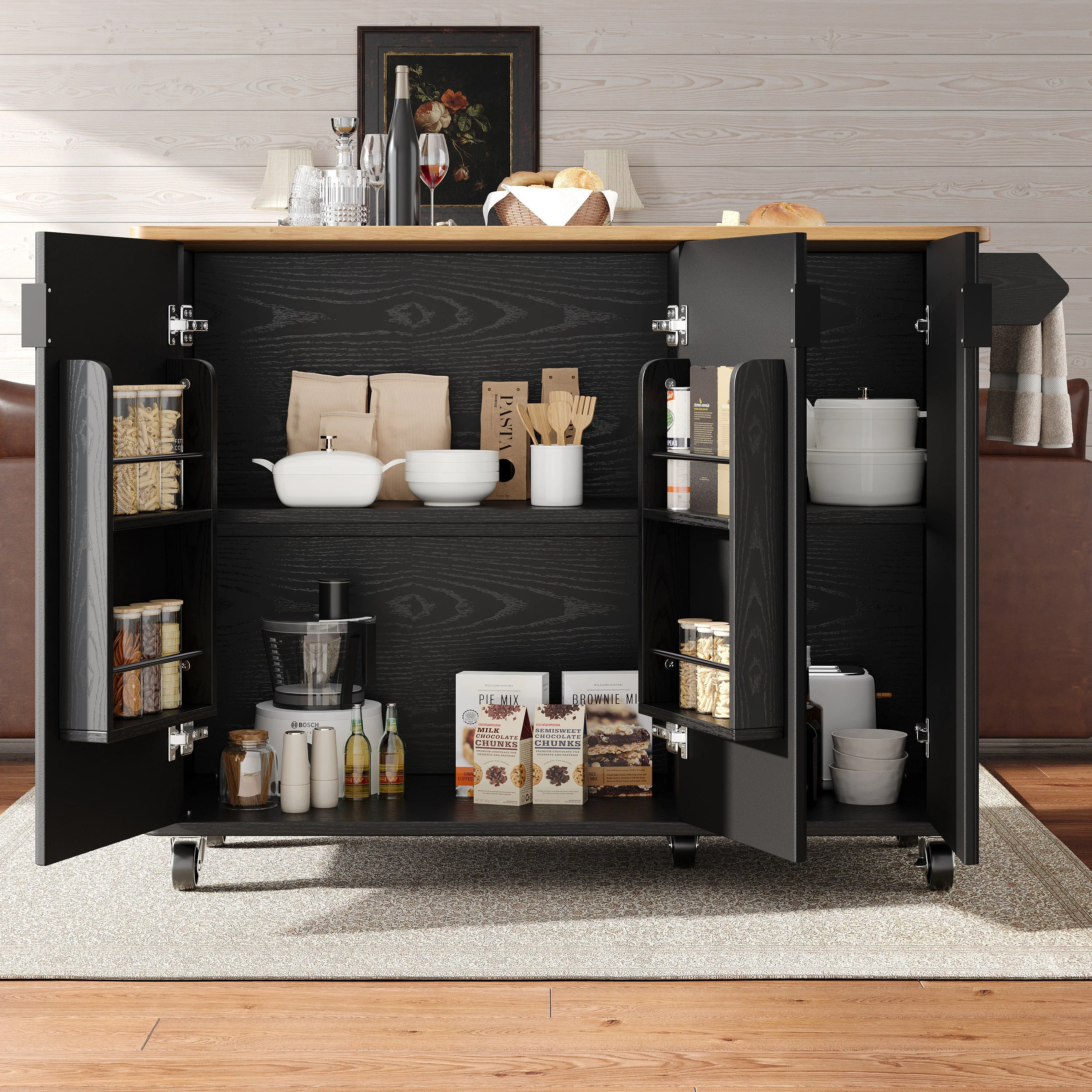 Kitchen Island Extendable 130cm Trolley 3 Doors Spice Rack - White/Black - Image 2