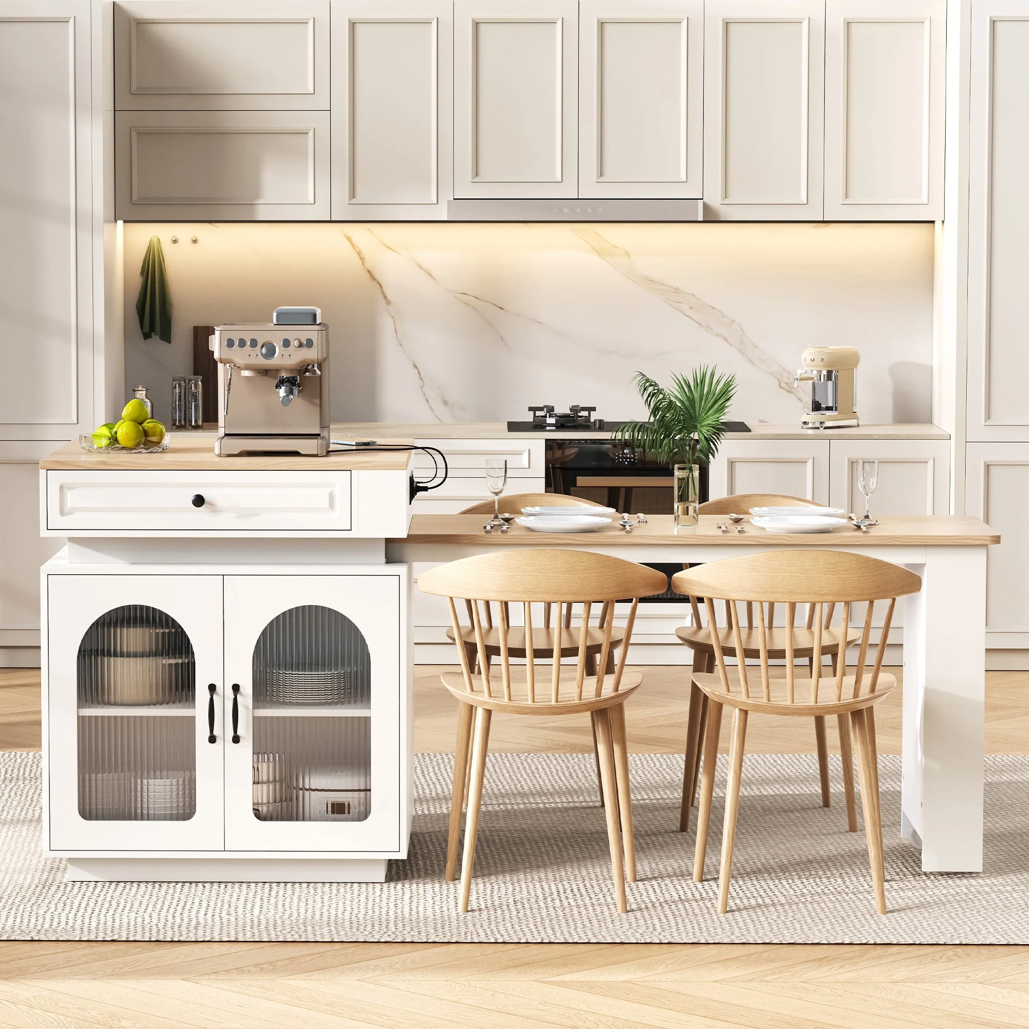 Kitchen Island Extendable Dining Bar Table with Wheels LED Lighting White - Image 2