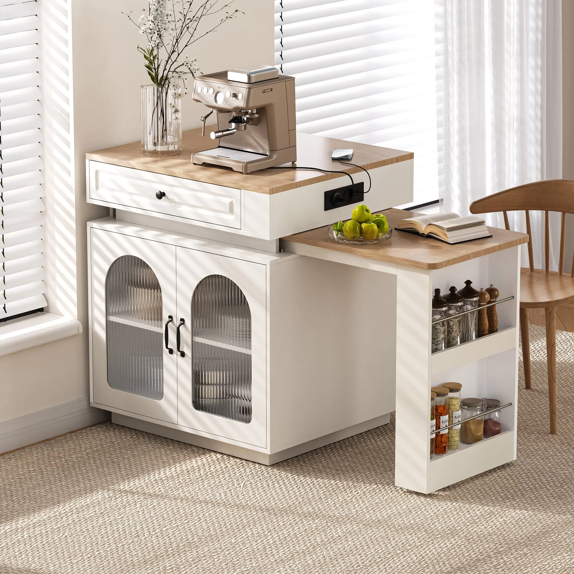Kitchen Island Extendable Dining Bar Table with Wheels LED Lighting White - Image 4