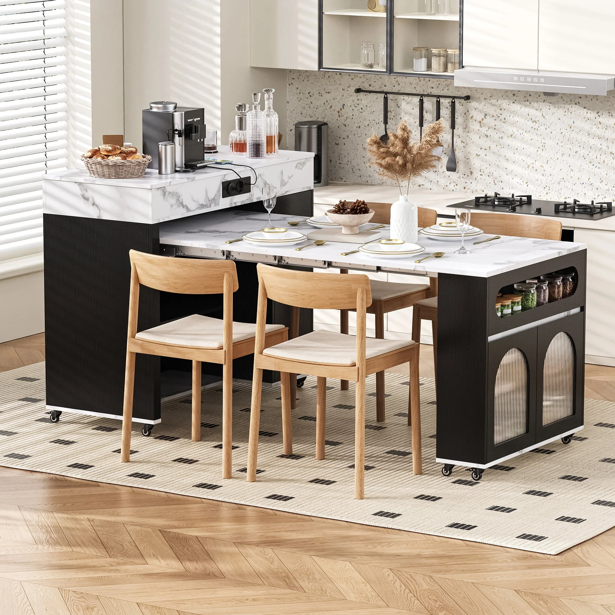 Kitchen Island Extendable Dining Table Power Strips Ribbed Glass Drawer - Black