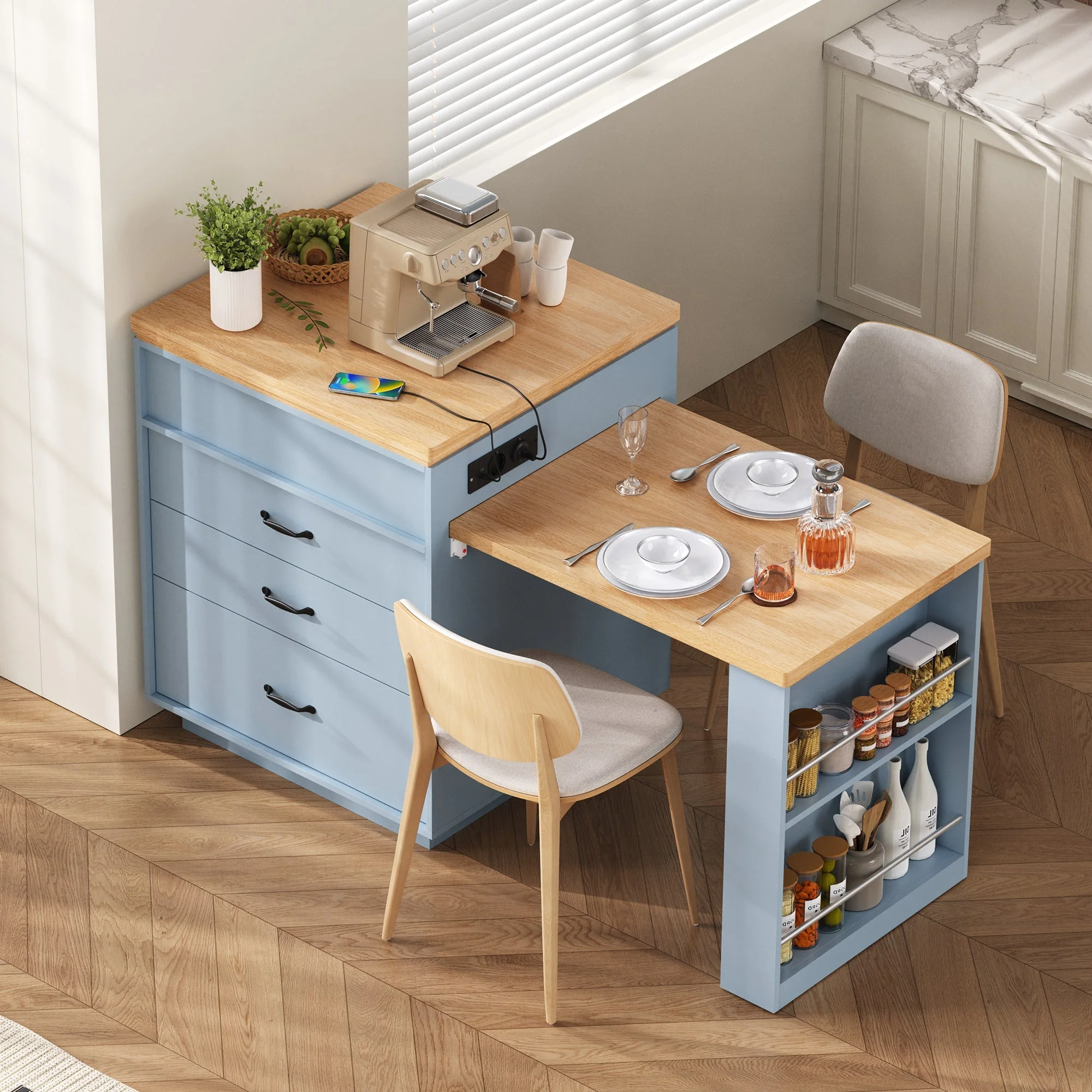 Kitchen Island Extendable Dining Table with LED & Power Strips - Blue - Image 4