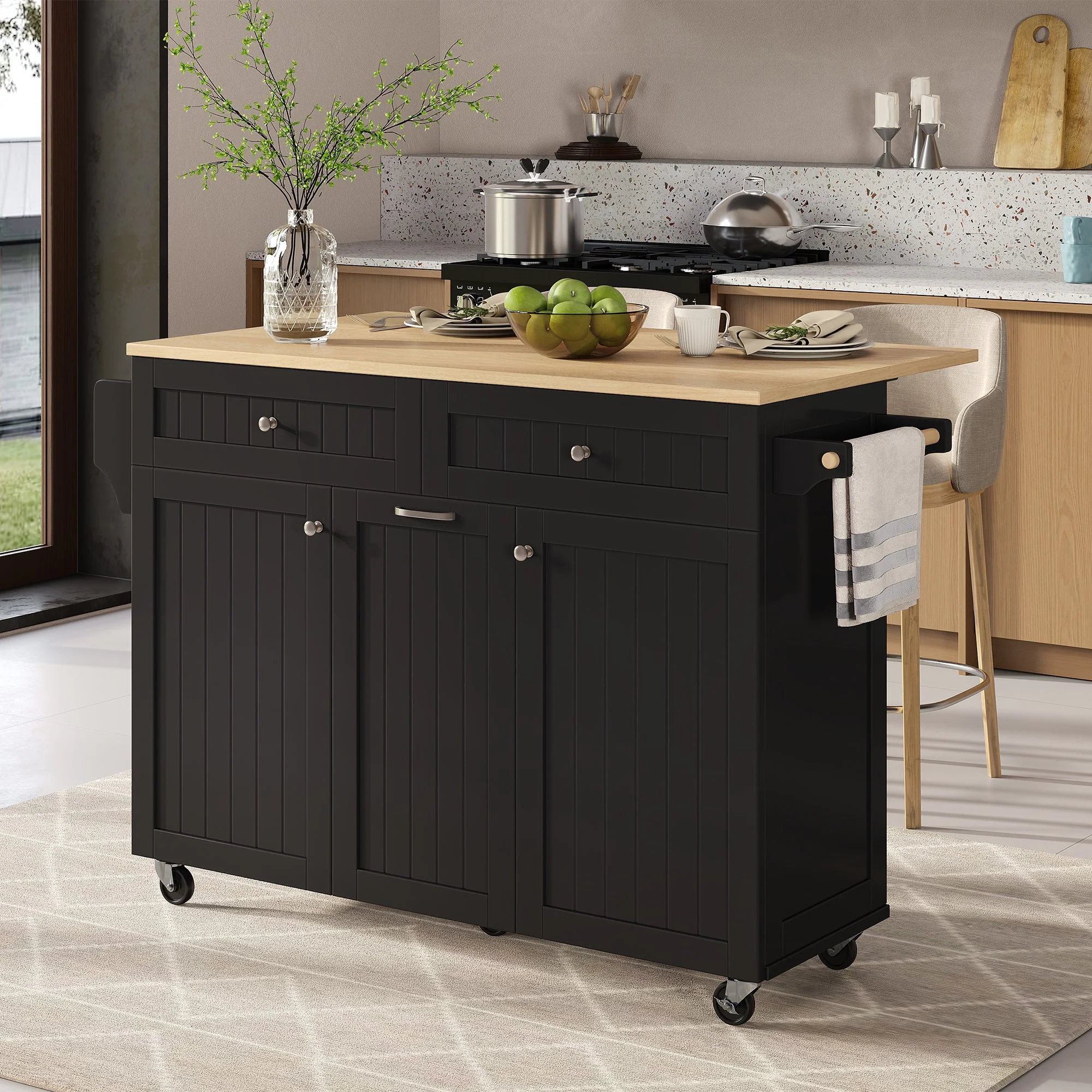Kitchen Island, Extendable Mobile with Multifunctional Drawers, Black - Image 2