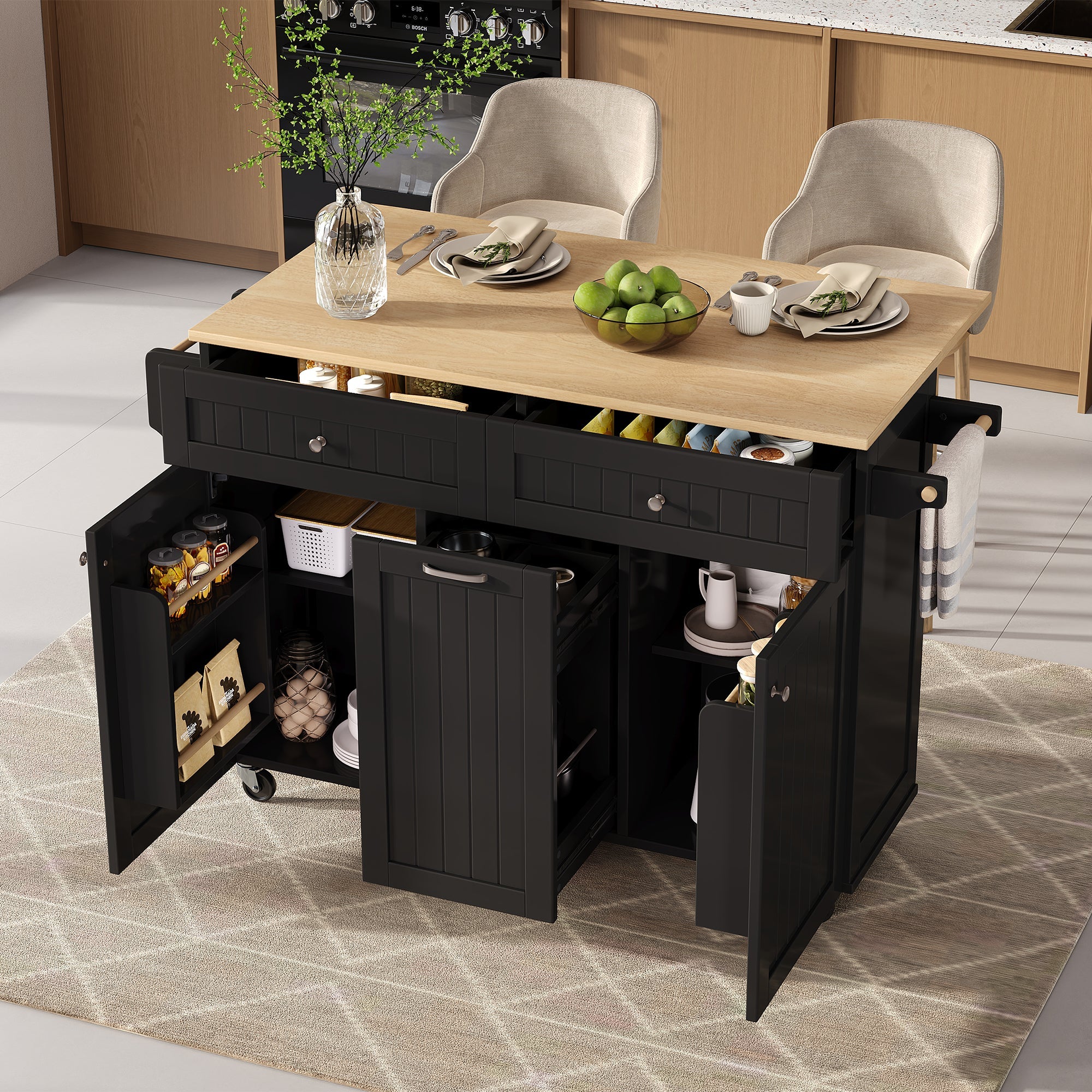 Kitchen Island, Extendable Mobile with Multifunctional Drawers, Black - Image 3