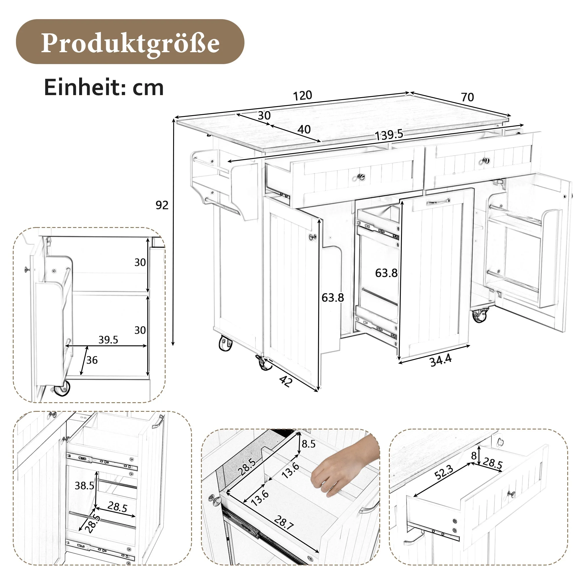 Kitchen Island, Extendable Mobile with Multifunctional Drawers, Black - Image 4