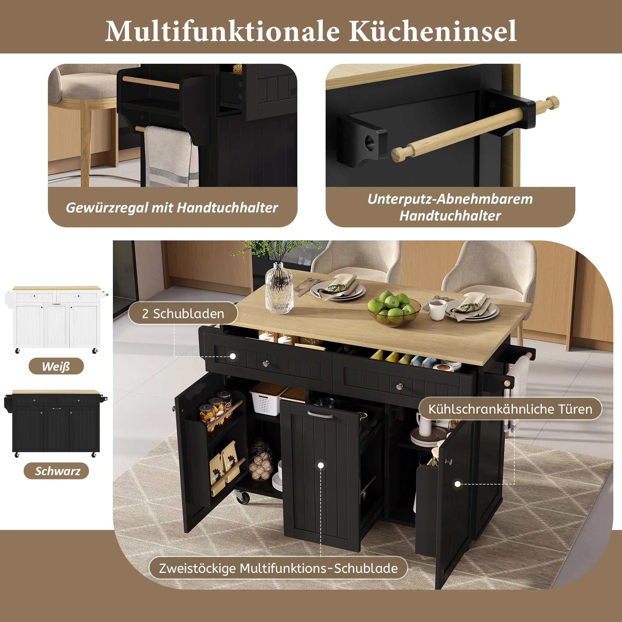 Kitchen Island, Extendable Mobile with Multifunctional Drawers, Black - Image 5