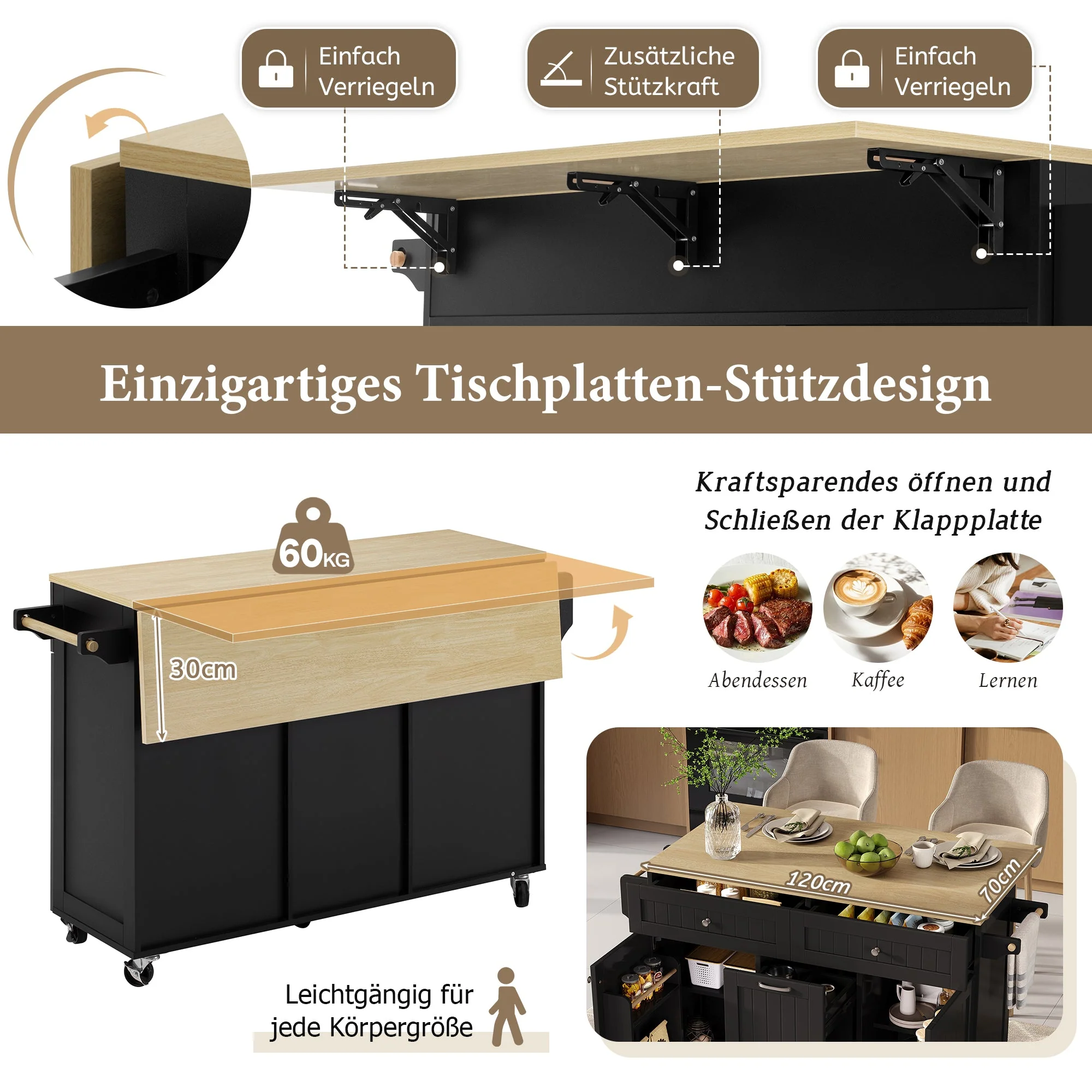Kitchen Island, Extendable Mobile with Multifunctional Drawers, Black - Image 6