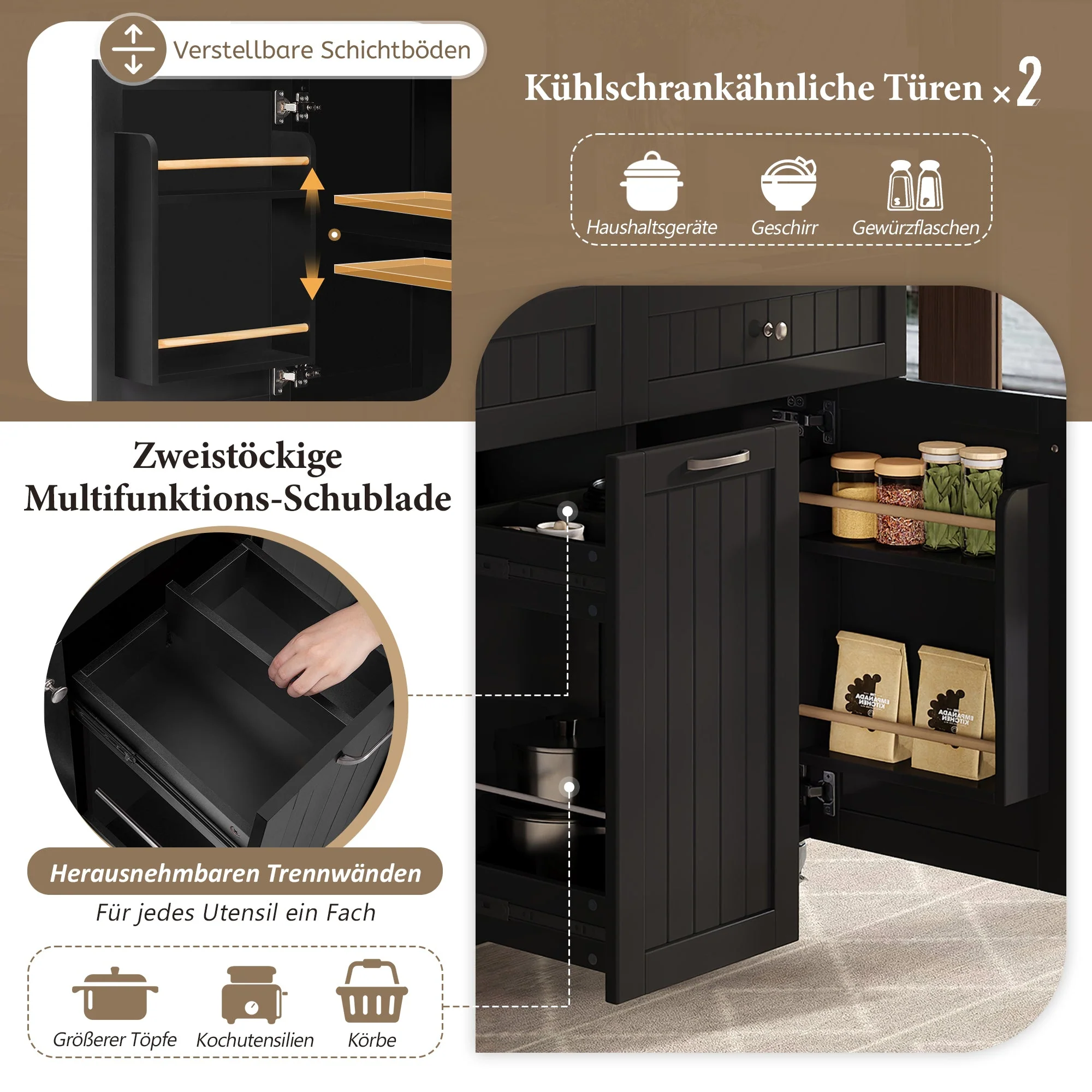 Kitchen Island, Extendable Mobile with Multifunctional Drawers, Black - Image 7