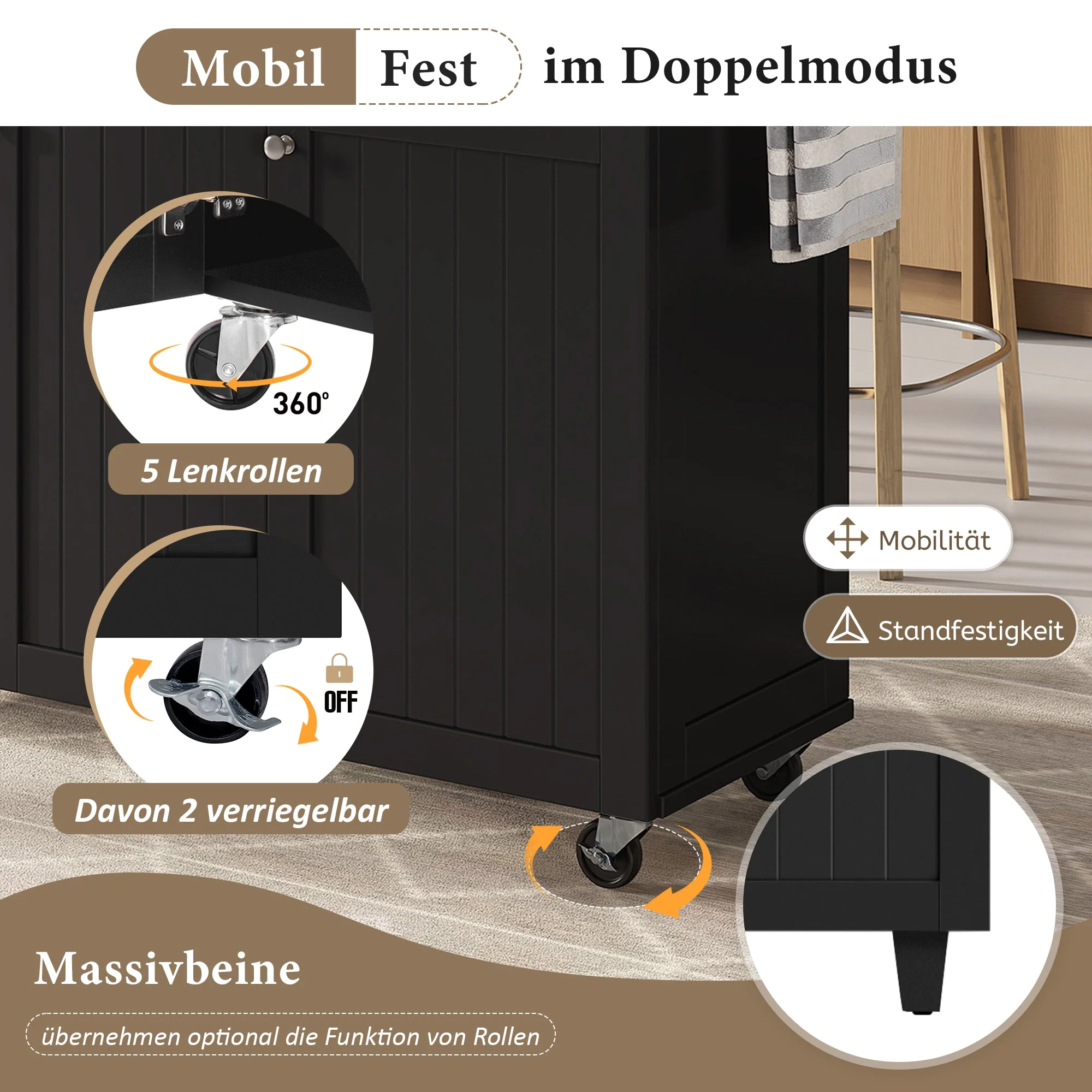 Kitchen Island, Extendable Mobile with Multifunctional Drawers, Black - Image 8