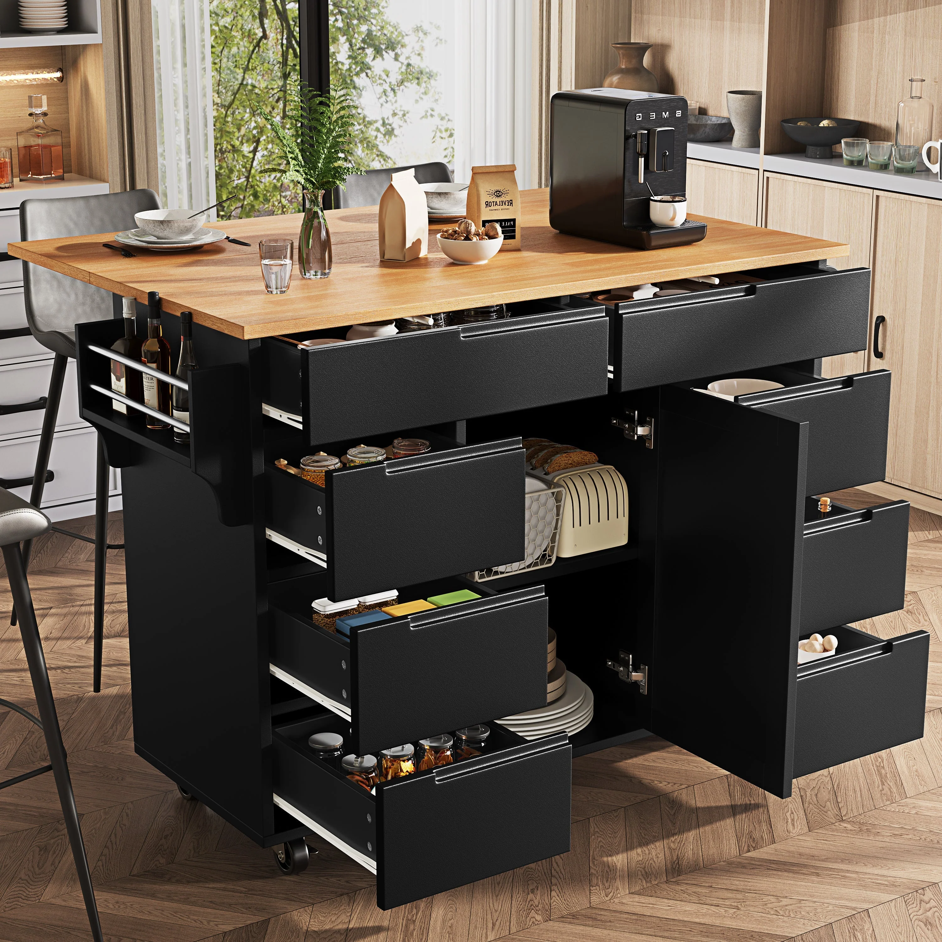 Kitchen Island Extendable Mobile Worktop 8 Drawers Spice Rack - Black - Image 2