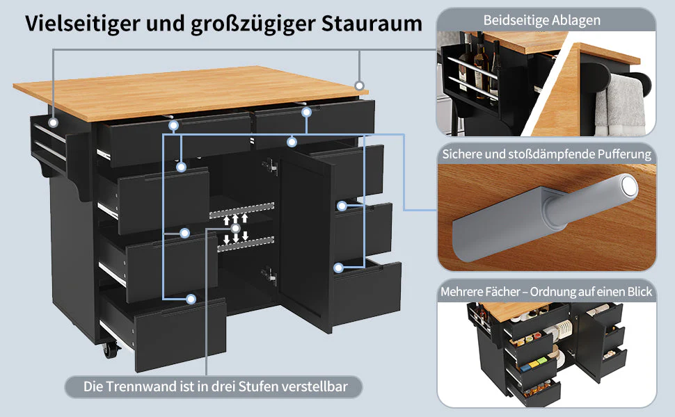 Kitchen Island Extendable Mobile Worktop 8 Drawers Spice Rack - Black - Image 8